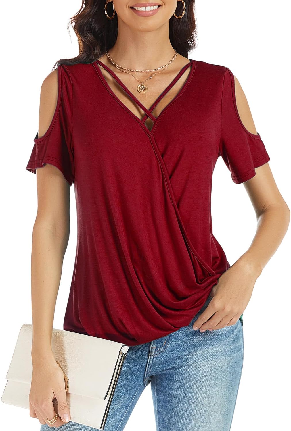 LEIYEE Womens Summer Cold Shoulder Tops Sexy Casual Short Sleeve Wrap V Neck T Shirts Cute Loose Fit Blouse - Image 5