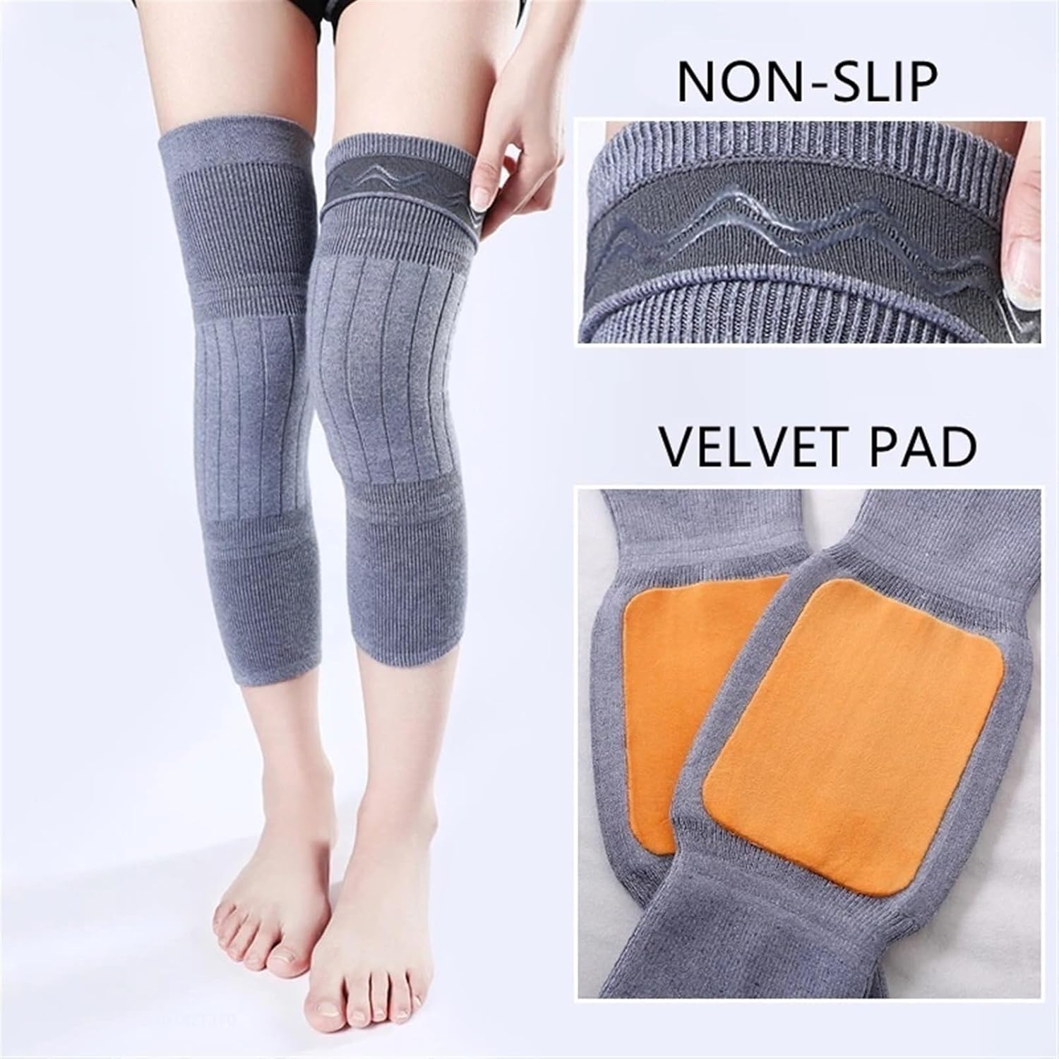 Winter Protective Knee Pads 2PCS Winter Warm Wool Cashmere Leg Warmers Sleeves Thick Fleece Lined Knee Pads Brace Support Guard Protector Long Thermal Wraps(Camel-Non Slip,L)