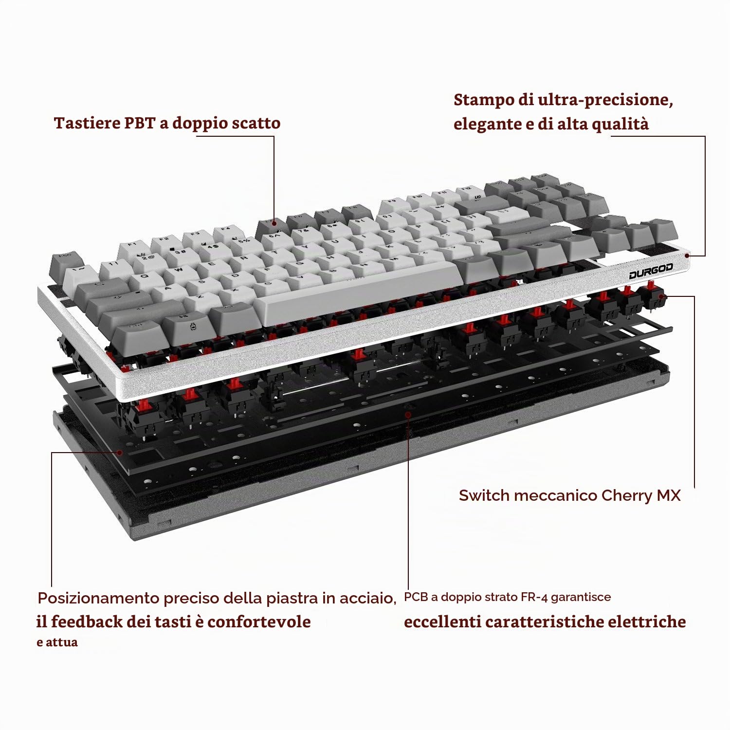 Durgod Taurus K320 TKL Tastiera Meccanica - 87 Tasti Tenkeyless US ANSI Layout, USB C, Tasti Doubleshot PBT, Tasti Programmabili, NKRO, Per Windows & Mac (Cherry MX Brown, Bianca)