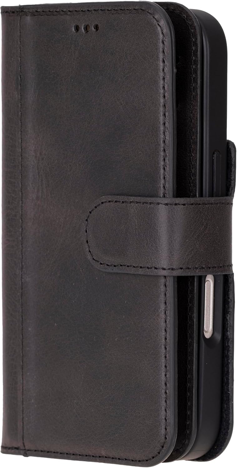 HARDISTON Genuine Premium Leather Handmade MagSafe Wallet Case Compatible with 16 Pro - - Double Folio Card Holders - Detachable Magnetic Flip Cover - Horizontal Kickstand (Black)