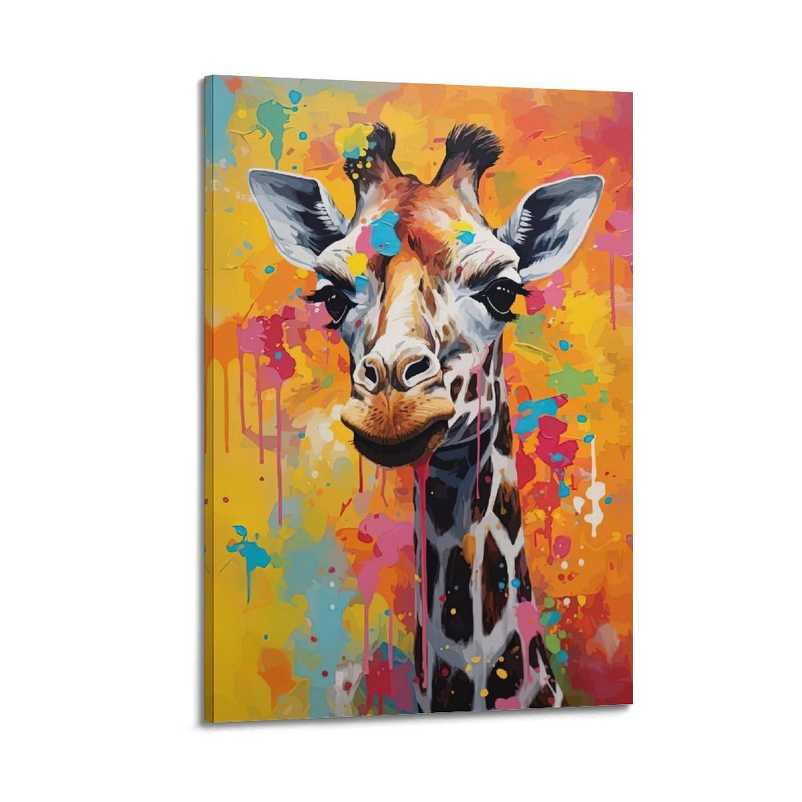 DLJGDS Vibrant Giraffe Art Piece with Colorful Splashes, Minimalist & Retro - Chic Decorative Painting Canvas Wall Posters And Modern Family Bedroom Decor 24x36inch(60x90cm)