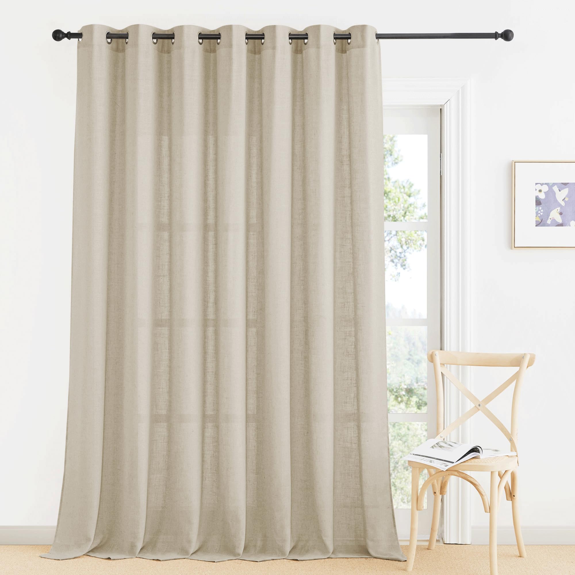RYB HOME Extra Wide Sheer Curtains - Linen Textured Grommet Semi Transparent Privacy Light Filtering Farmhouse Room Divider Curtains for Living Room