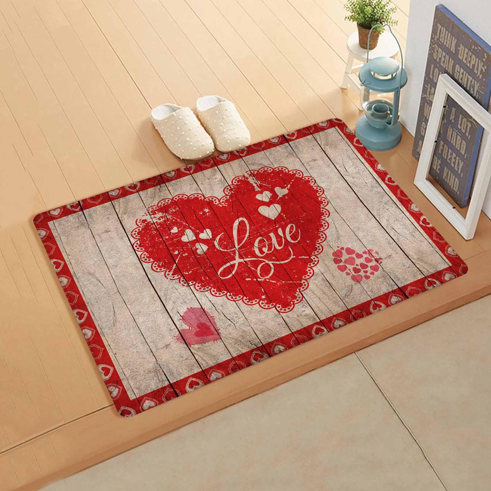 Wood Love Kitchen Bath Door Mat Cushioned Runner Rug,Washable Welcome Floor Sink Antifatigue Mat,Waterproof & Non-Slip Comfort Standing Doormat for Kitchen,Red Valentine's Day Farmhouse Brown 20