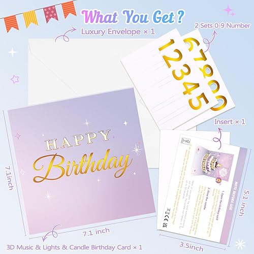 Miniatura 5 de FITMITE Tarjetas de cumpleaños, tarjeta musical desplegable de feliz cumpleaños con vela ligera y soplable, regalos de cumpleaños para mujeres,
