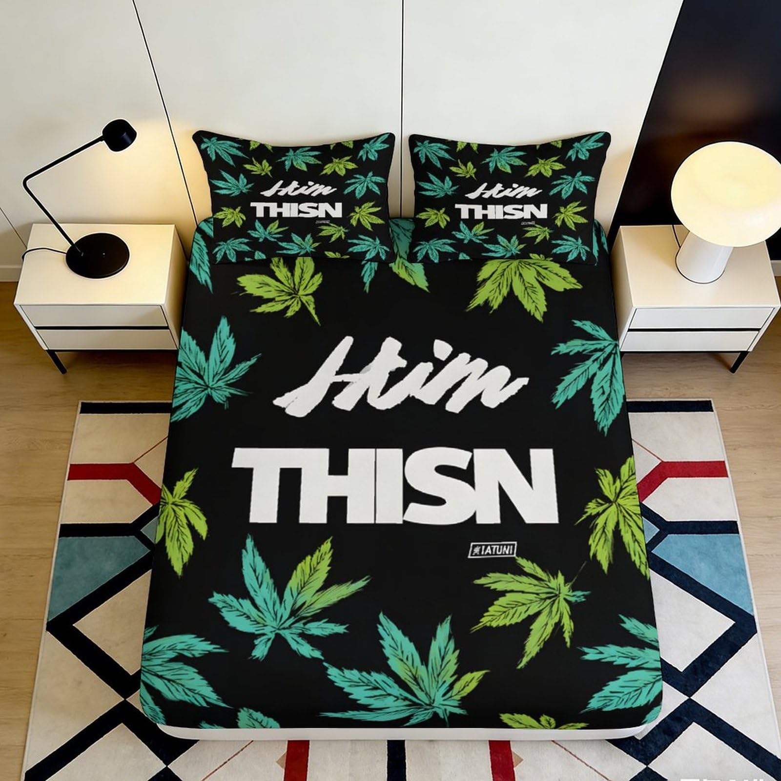 3D Printed Cannabis Leaf Fitted Sheet Microfiber Green Black Botanical Bed Cover for Bedroom Dorm Mattress Decor 90x200x25cm