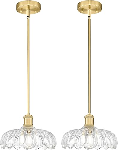 FEMILA Paquete de 2 lámparas vintage, luces colgantes de cristal con flores, isla de cocina, candelabro antiguo dorado cepillado, lámpara colgante