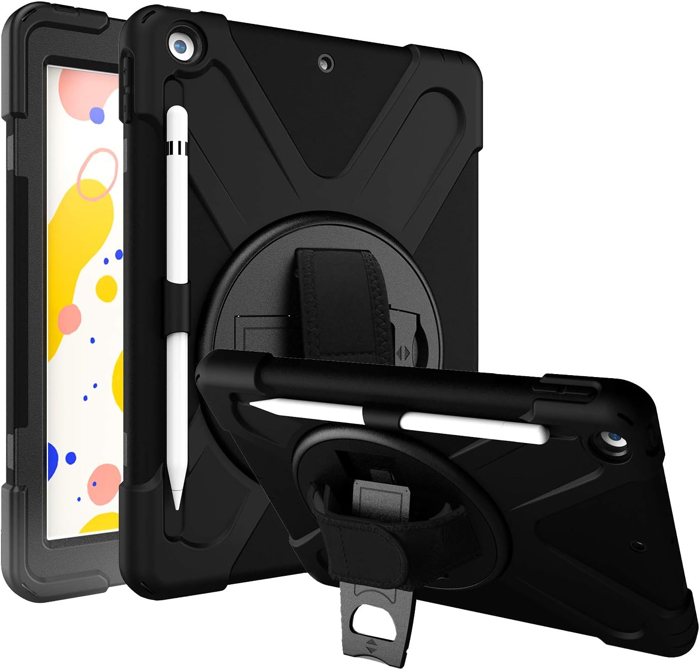 CCMAO iPad 8th Generation Case, iPad 10.2 Case, [Apple Pencil Holder] [Hand Strap] 360 Degree Rotating Kickstand Full-Body Impact Protective Case for Apple iPad 8/7th Generation 10.2 Inch (Black)