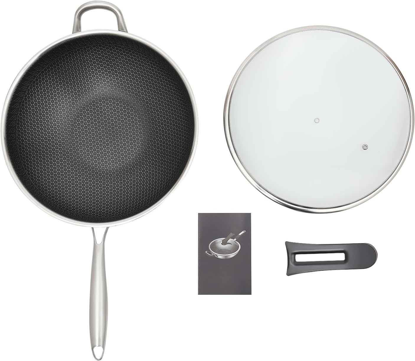 13 Inch Wok Pan with lid, Food-Grade Stainless Steel Woks & Stir-fry Pans Nonstick, Dishwasher and Oven Safe, Cooking Pan Compatible with Gas & Induction Cooker