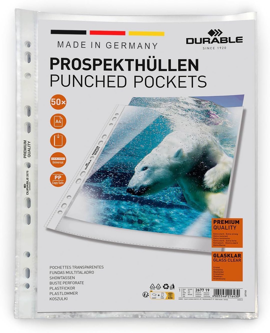 Durable Transparent Punched Pocket A4 Portrait | High Quality Punched Document Wallet with Thickness of 0.08mm | Large Pack of 50 Glass Clear Pockets
