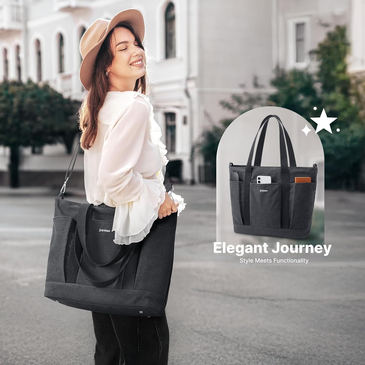 G4Free Large Canvas Tote Bag for Women with Zipper Fit 15.6" Laptop, Everything Tote Bags with Pockets for Work, Travel - Image 7