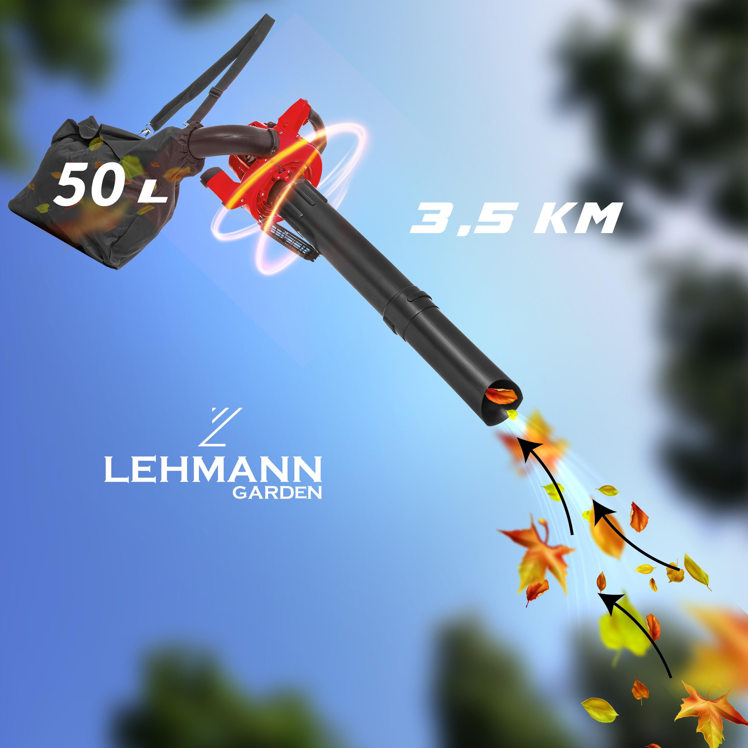 LEHMANN Soffiatore a Scoppio 4in1, Soffiatore a Benzina con Funzione Triturazione, Velocità del Soffio fino 350km/h, 26cc, 2 Tempi, Tracolla & Sacco di Raccolta da 50L, 2 Tubi e 0,5L Olio Miscela