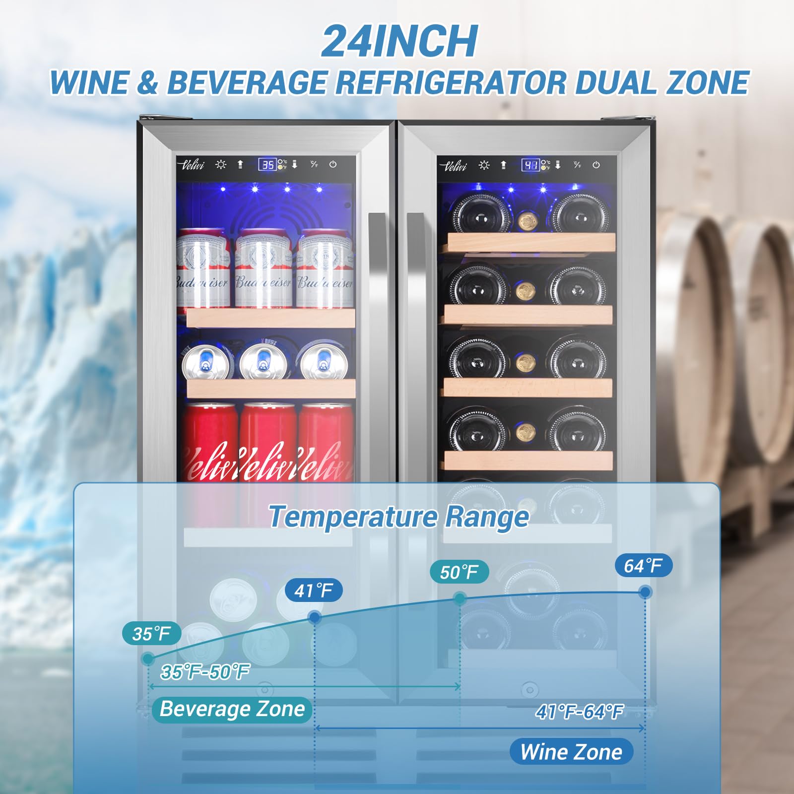 Wine and Beverage Refrigerator, 24 Inch Dual Zone Wine Beverage Cooler Under Counter with Glass Door&Lock, 18 Bottles and 68 Cans Large Capacity for Beer Soda Drink, Built-In or Freestanding Fridge on Fridge.com