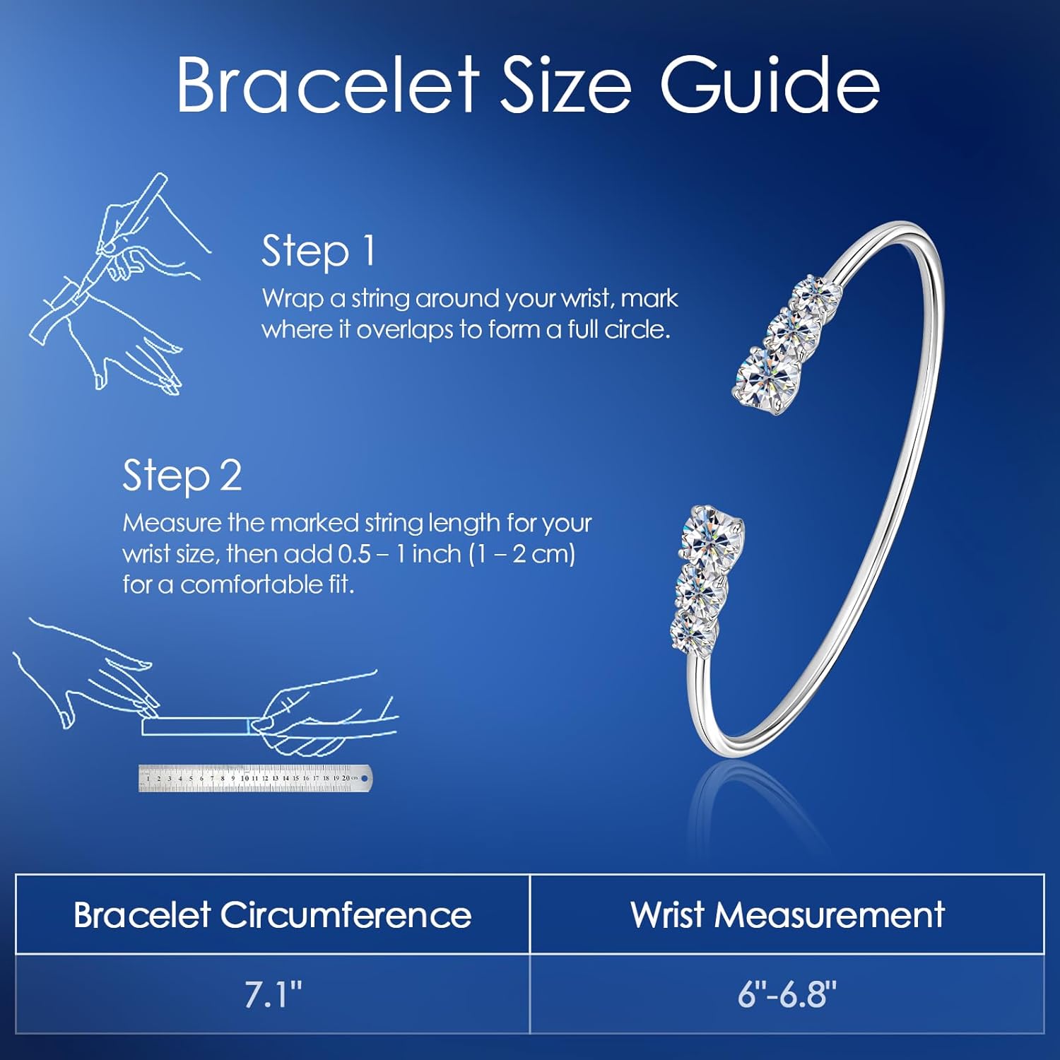 AINUOSHI 0.5/0.6/1 Carat Moissanite Bangle Bracelet for Women, Sterling Silver Adjustable Open Cuff Bracelet, Anniversary New Year Birthday Gifts for Daughter Mothers