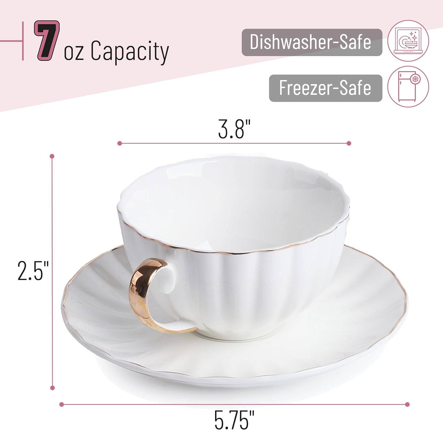 BTaT- Cappuccino Cups with Saucers 7 oz with Gift Box, Set of 6, White Porcelain Coffee Cup and Saucer Set for Latte with Golden Trim Design, Dishwasher Safe, Mocha, Tea, Au Lait, Flat White - Image 3