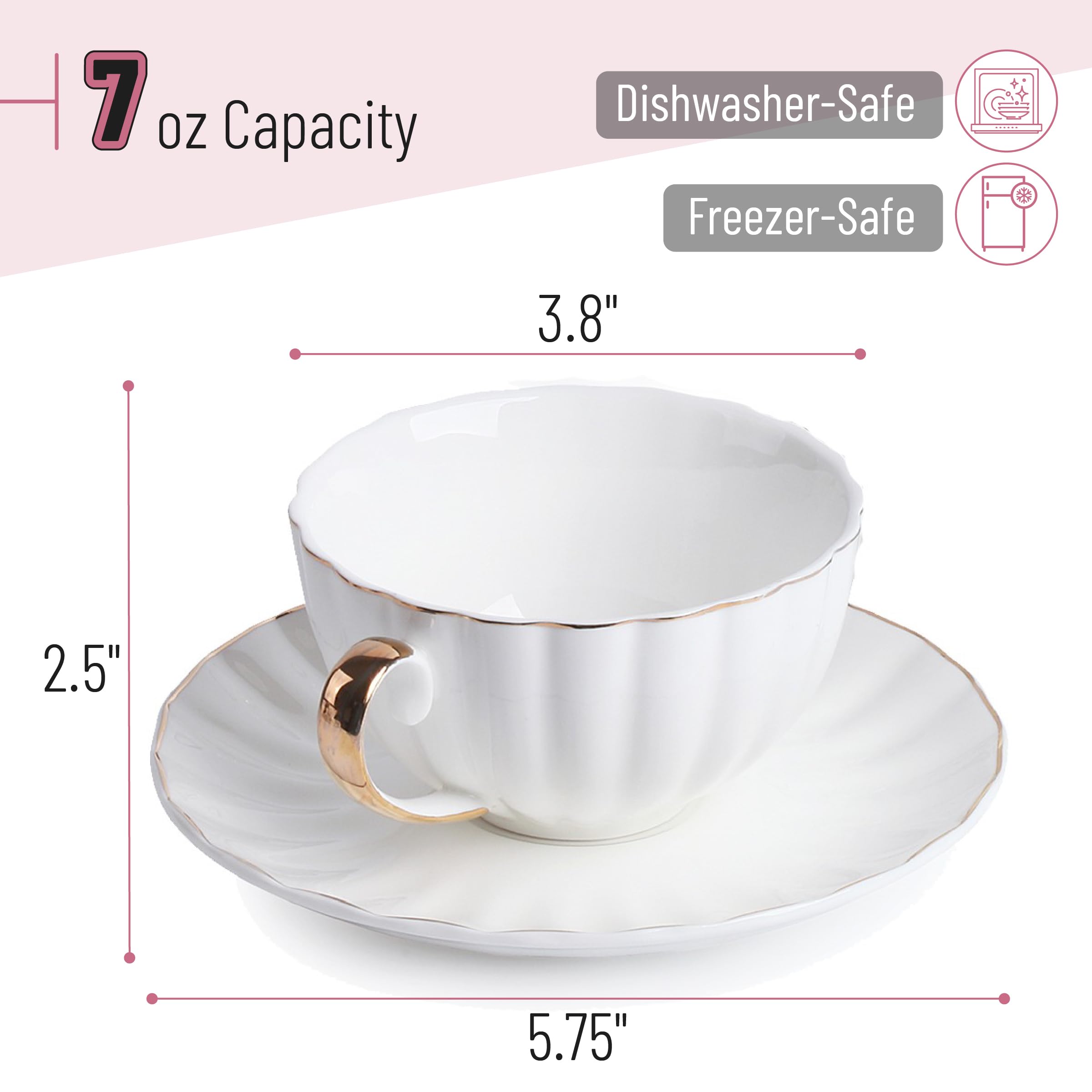 BTaT- Cappuccino-Tassen mit Untertassen, 200 ml, mit Geschenkbox, 6er-Set, weiße Porzellan-Kaffeetasse und Untertassen-Set für Latte mit goldenem Rand, spülmaschinenfest, Mokka, Tee, Au Lait, flaches