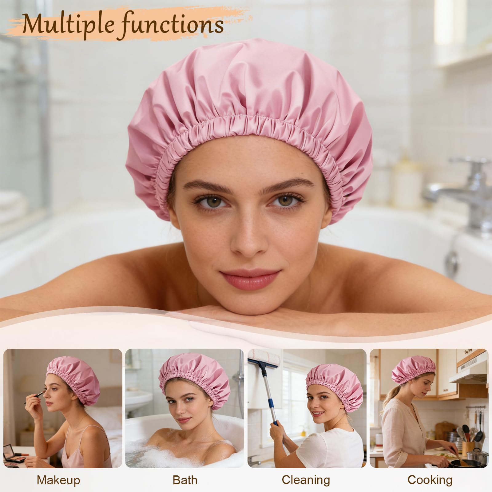 Satin Shower Cap for Women - Waterproof & Reusable -4