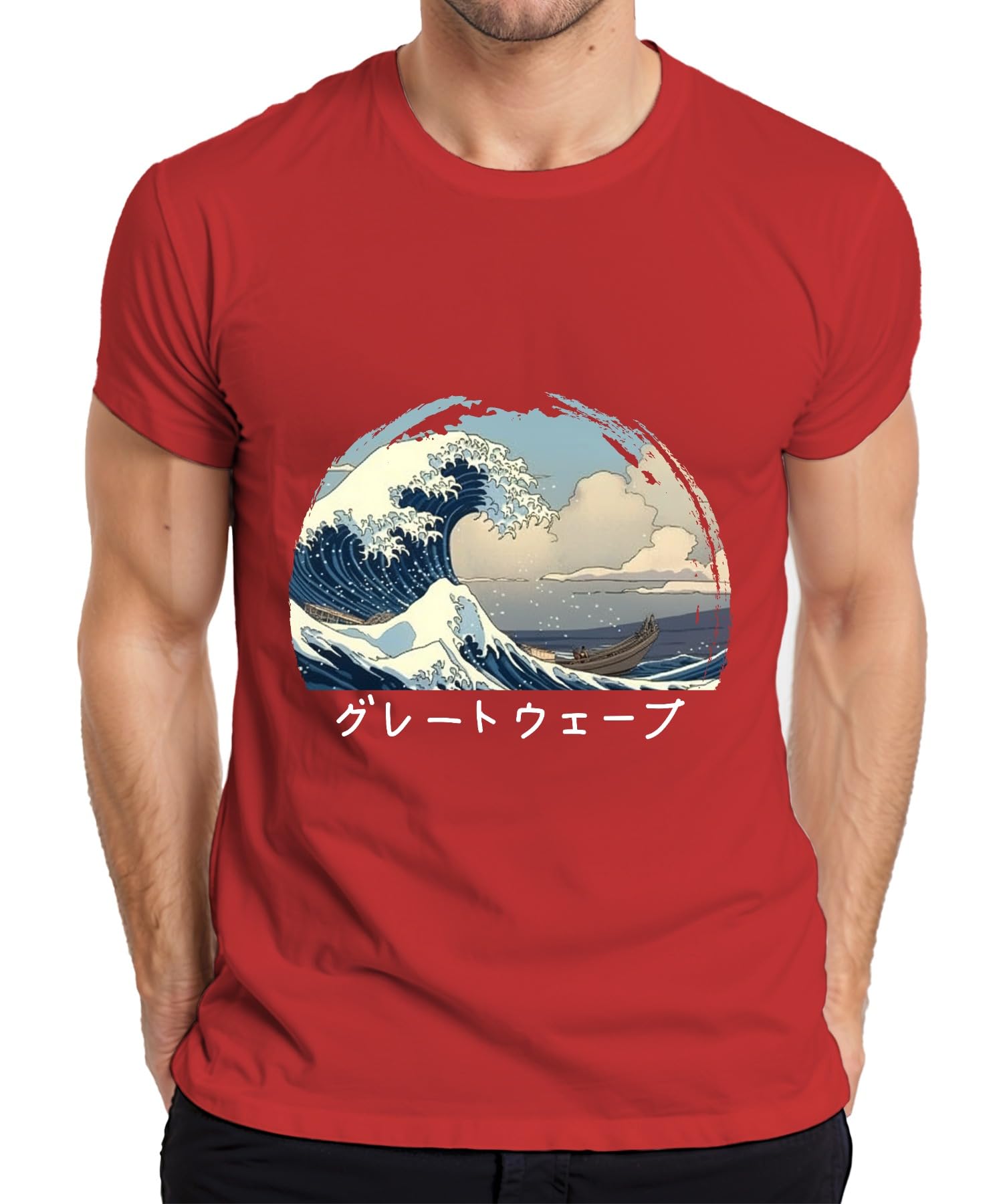 Printera Men's Red Hokusai Wave Japanese Ukiyoe Sea Boat Anime Manga T-Shirt, M