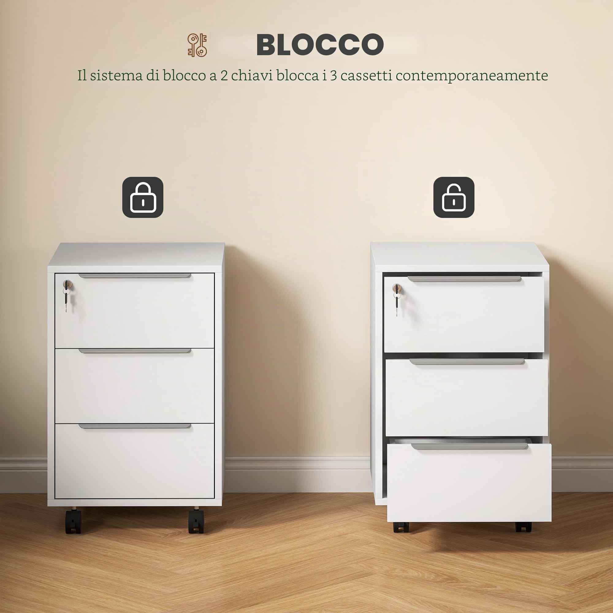 HOMCOM Piedistallo per scrivania su rotelle Piedistallo per archiviazione mobile con 3 cassetti e serratura per file bianco
