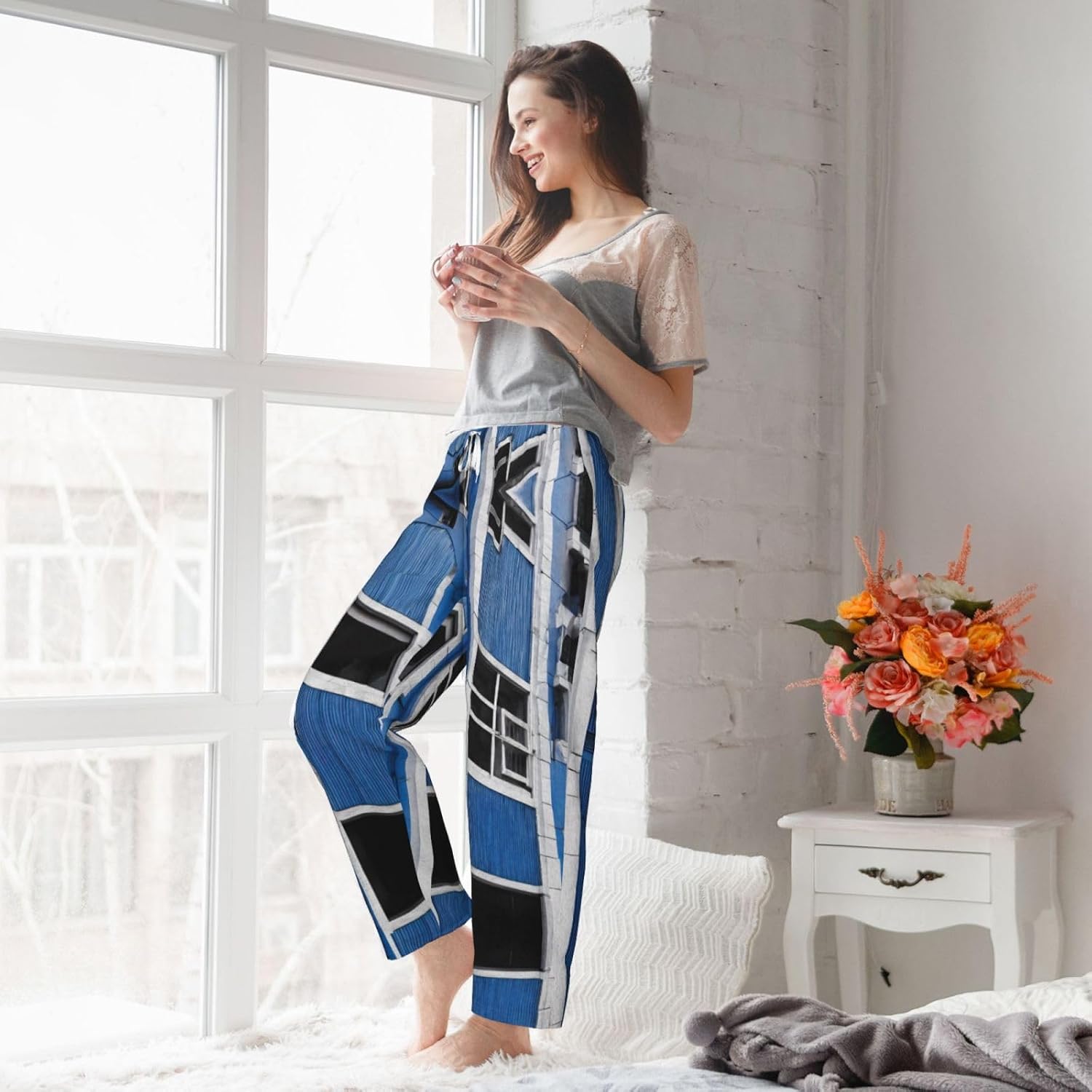 Blue Building Print Cozy Christmas Pajama Pants,Flannel Pajama Bottoms,Cater To Various Body Types
