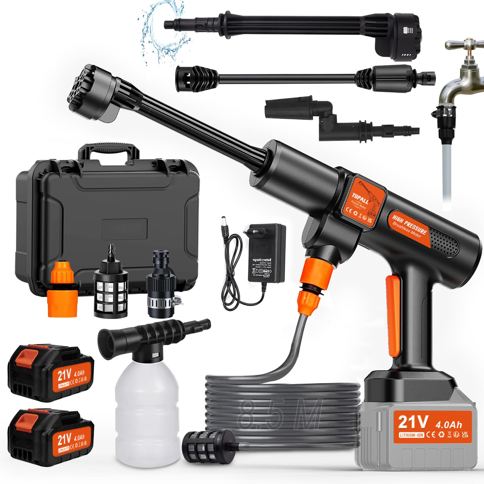 TOPALL Idropulitrice a Batteria,Pistola Idropulitrice Portatile,High Pressure Cleaner,Max da 45 Bar,con 2 * 4000mAH Batterie | Tubo da 8.5M | 6 in 1 Ugello | Rotante Ugello,per Auto,Giardino