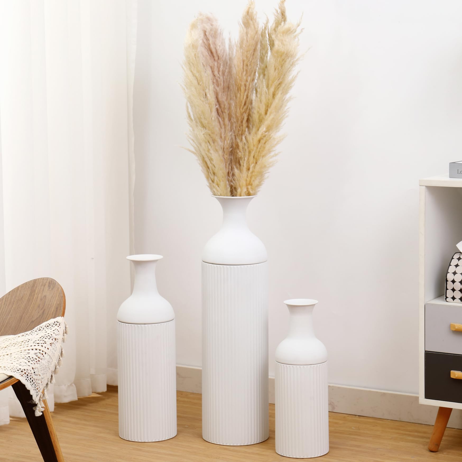 KAYLETIN Tall Floor Vases Set of 3, Large Ribbed Floor Vases, Tall Flower Vase, White Metal Vase for Living Room, Entryway, Office, Dining, Bedroom, Fireplace, Home Corner