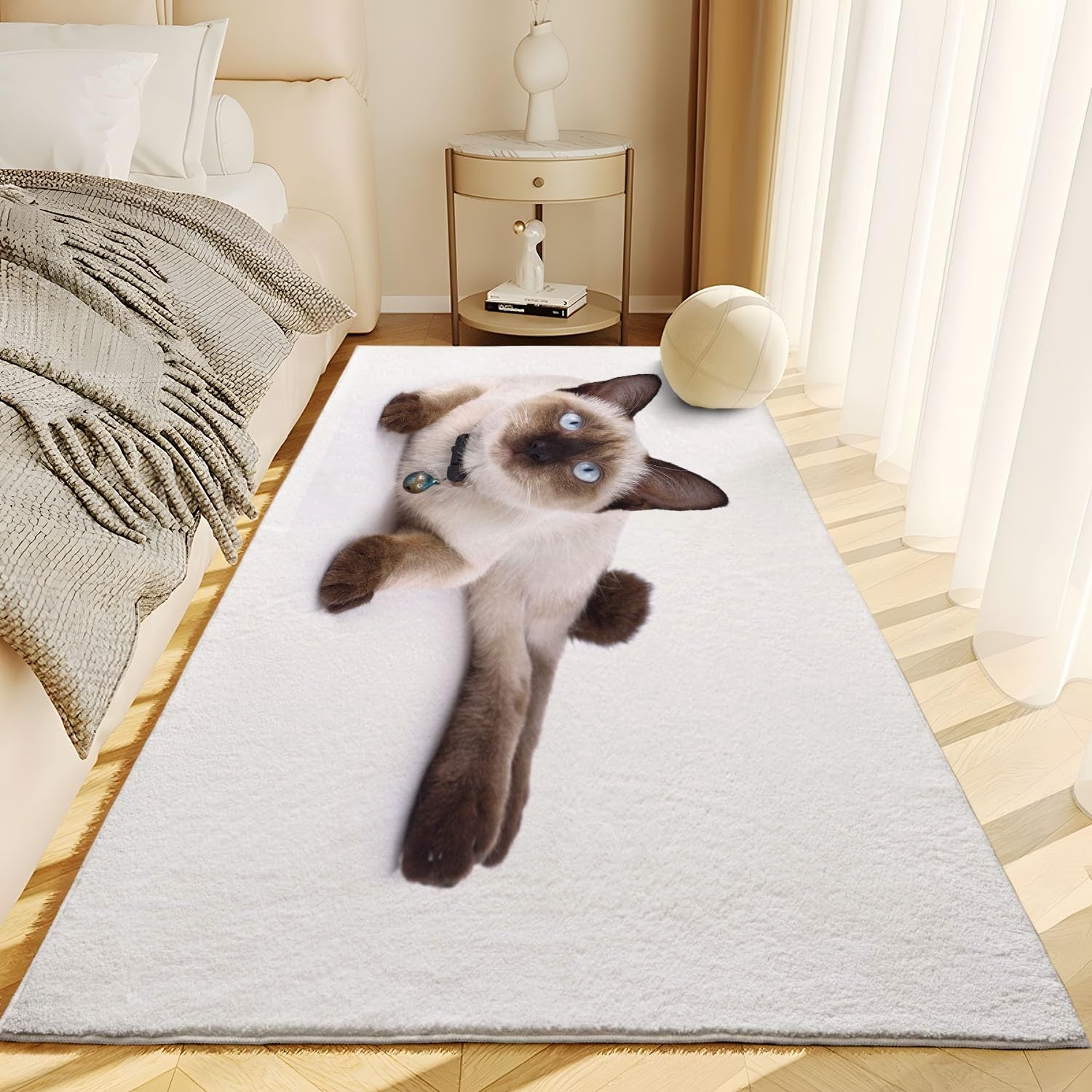 Weiß Waschbarer Teppich Siamkatze als Haustier Teppich Wohnzimmer 120x170 Teppich Kurzflor Modern Teppich Schlafzimmer Teppich Groß Weiche rutschfest Waschbarer Teppich