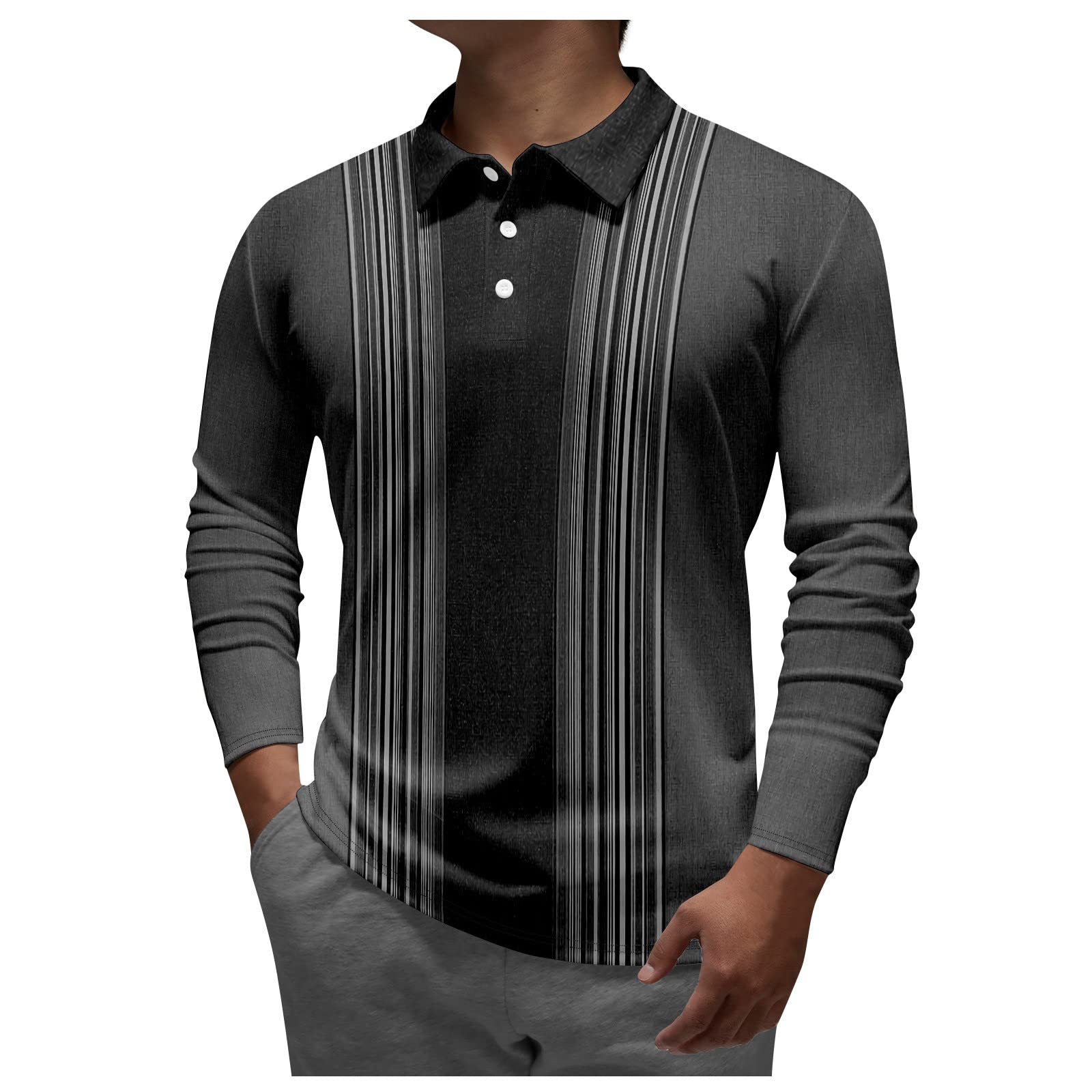 Men's Fashion Lapel T Shirt Casual Button Down Long Sleeve Blouses Slim Fit Printing Sports Pullover Tops