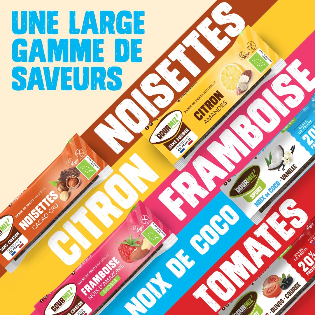 Gourmiz barres de fruits protéinées - 12 x 40gr - (20% de protéines), barre protéinée énergétique bio, dattes, noix de coco, & vanille, snacks vegan, proteine & sans gluten, protein bar