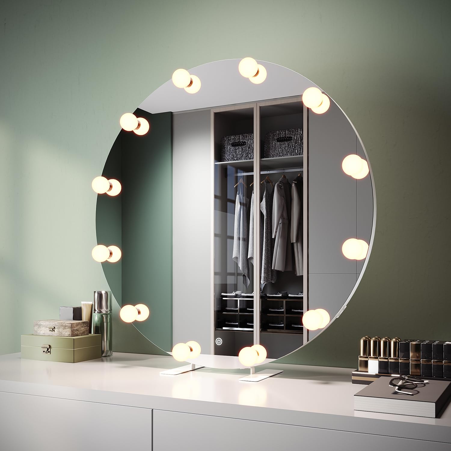 ZANOFIRA Hollywood Vanity Mirror with Lights, 80cm Round Lighted Makeup Mirror with Socket, 12 Dimmable LED Bulbs, 3 Lighting Modes, Touch Control, Tabletop or Wall Mounted Mirrors for Bedroom