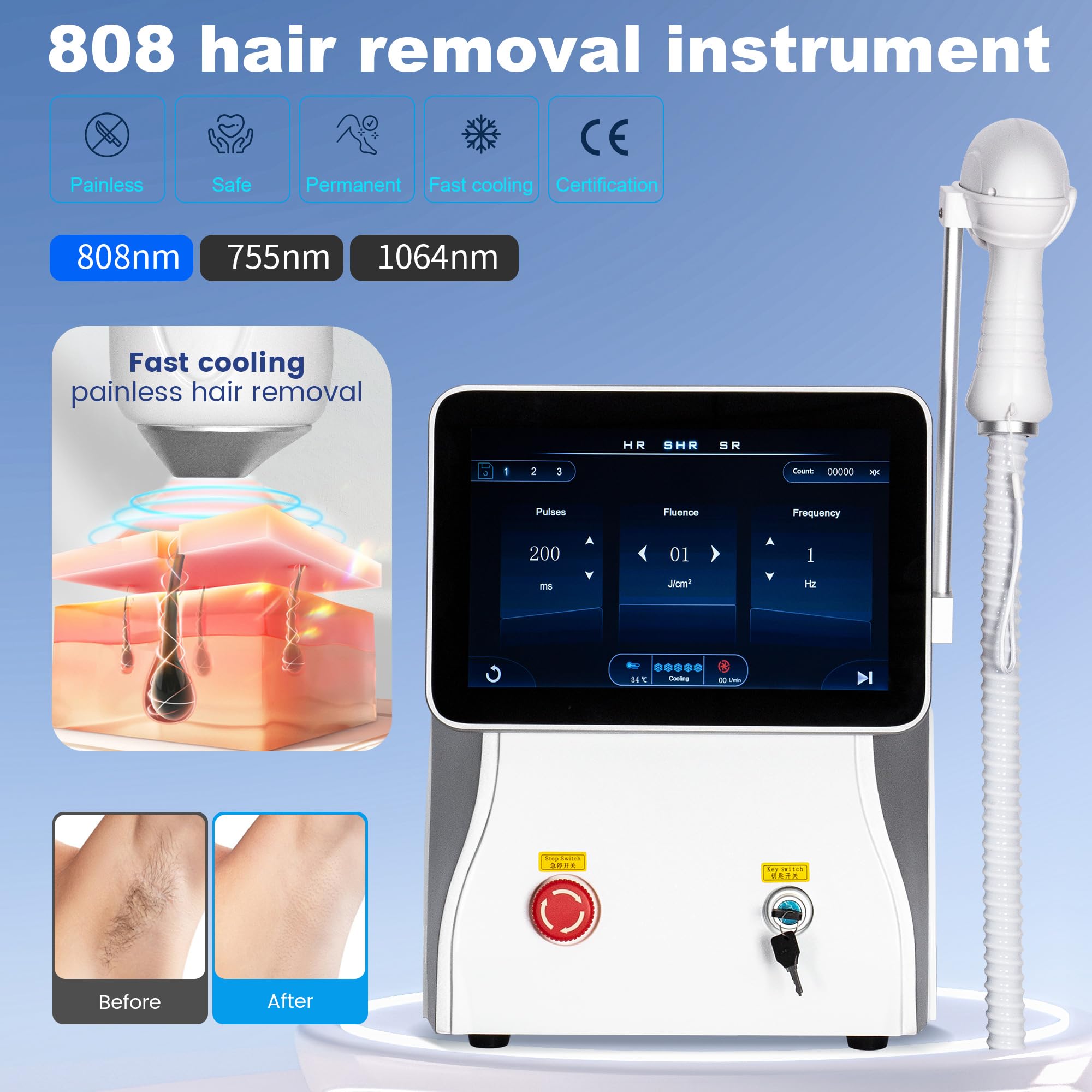 Dispositivo profesional de depilación láser de diodo de 808 nm, depilación permanente e indolora, pantalla de alta definición, con mango refrigerado, apto para uso doméstico y en spas.