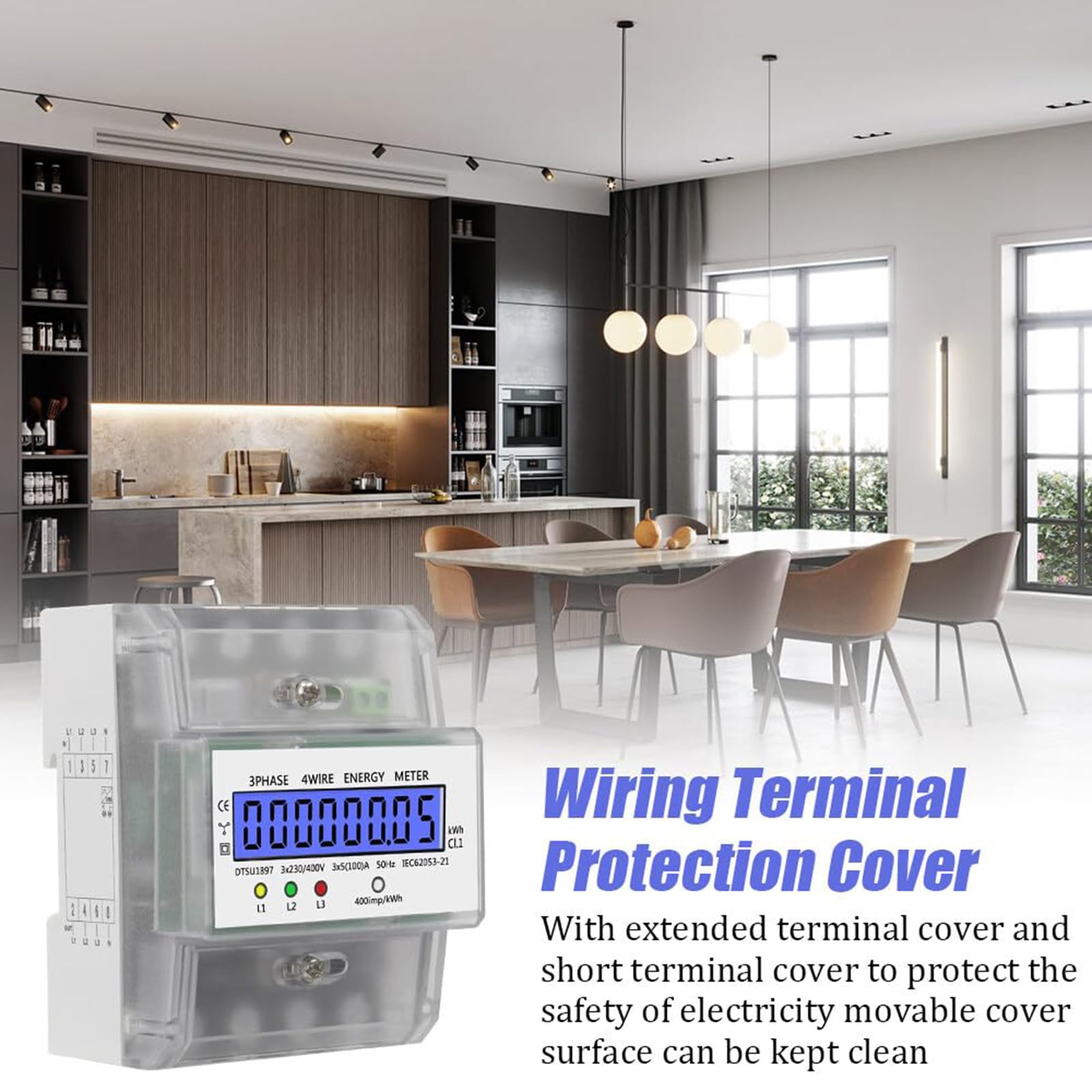 JAGTRADE Electricity Meter Digital Three Phase Energy Meter Rail Mountable Electricity Meter for Power Measurement 380V Simple Installation Plastic, 10x7.6x6.5cm