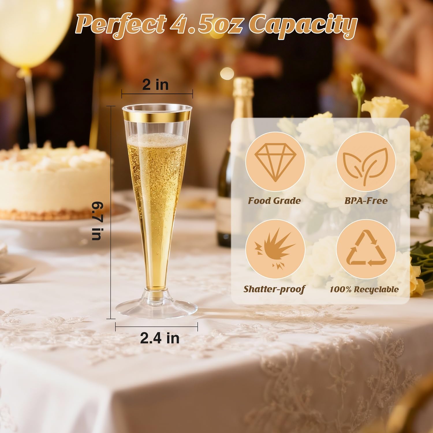 20 Pack Champagne Flutes Plastic Wine Glasses Disposable, 4.5 Oz Gold Rim Mimosa Glasses for 2026 Engagement Wedding Birthday Bar Soccer Football Party Supplies, Bulk Toasting Cocktail Cups — Amazon image 3