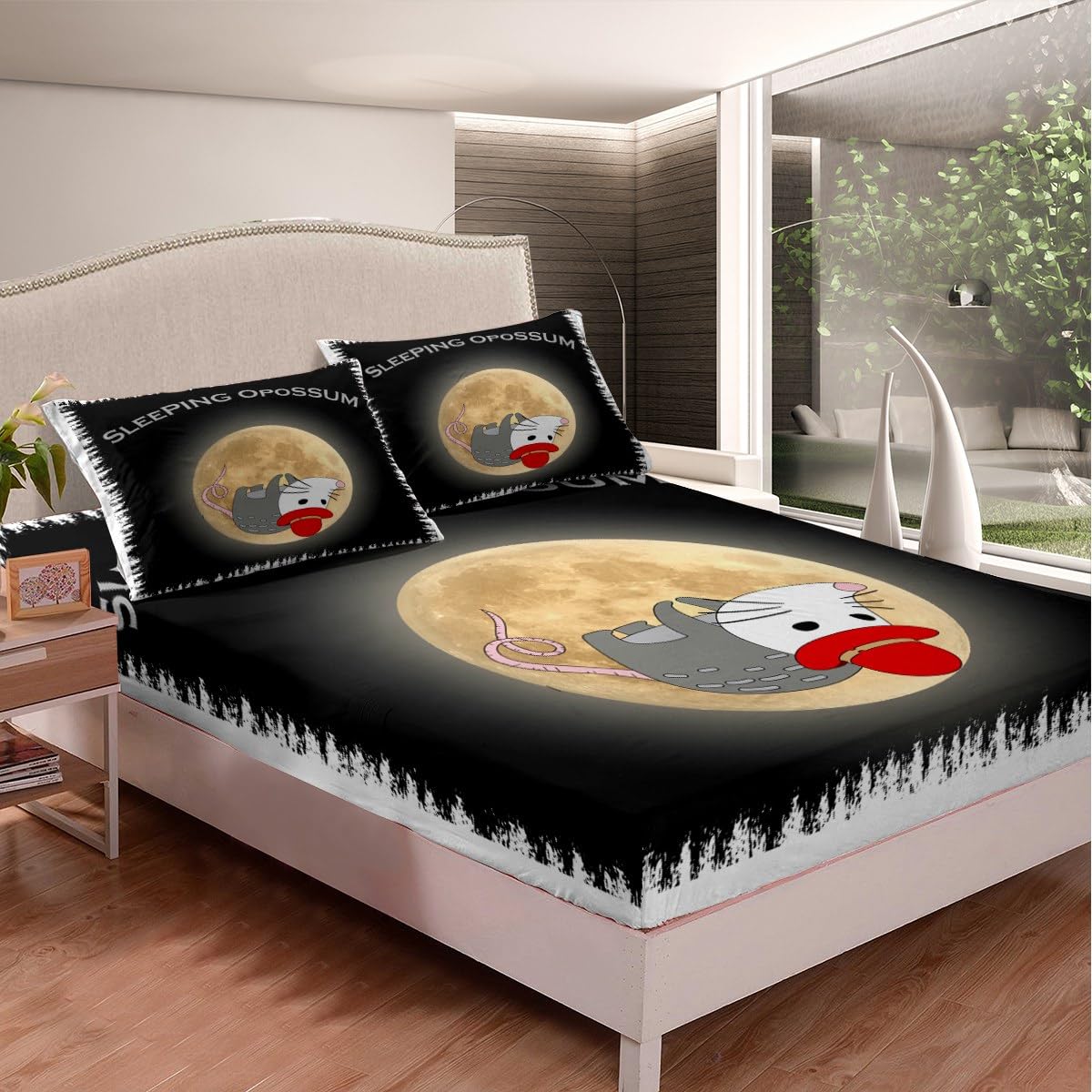 Opossum - Set di biancheria da letto per bambini, ragazzi e ragazze, con grazioso opossum, set di biancheria da letto matrimoniale con fragole (lenzuolo piano + lenzuolo con angoli + federa
