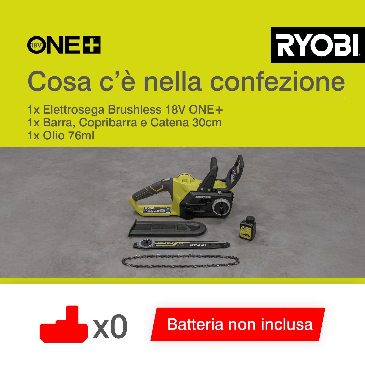 Ryobi OCS1830 Elettrosega Brushless A Batteria 18V ONE+, Impugnatura Ergonomica, Freno Catena Automatico, Batteria Non Inclusa, Barra 30 Cm, Velocità Catena 10m/s