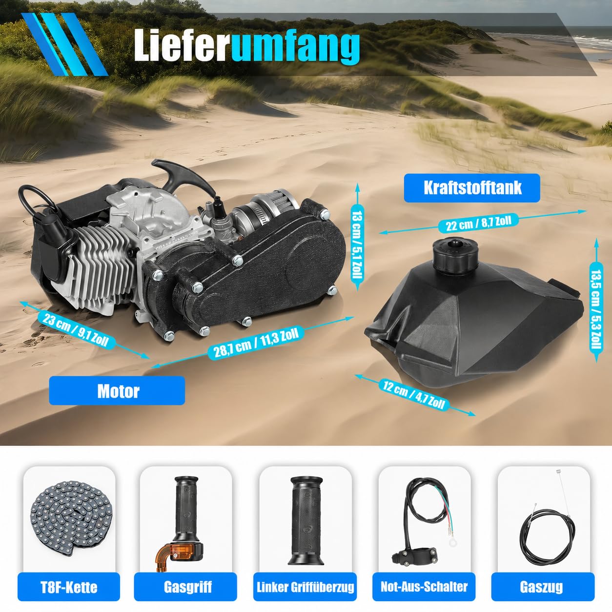 50ccm Motor 49ccm 2-Takt Pocket Bike Motor mit Vergaser, Mini Cross Engine ATV Quad Dirtbike Motoren Seilzugstart Einzelzylinder