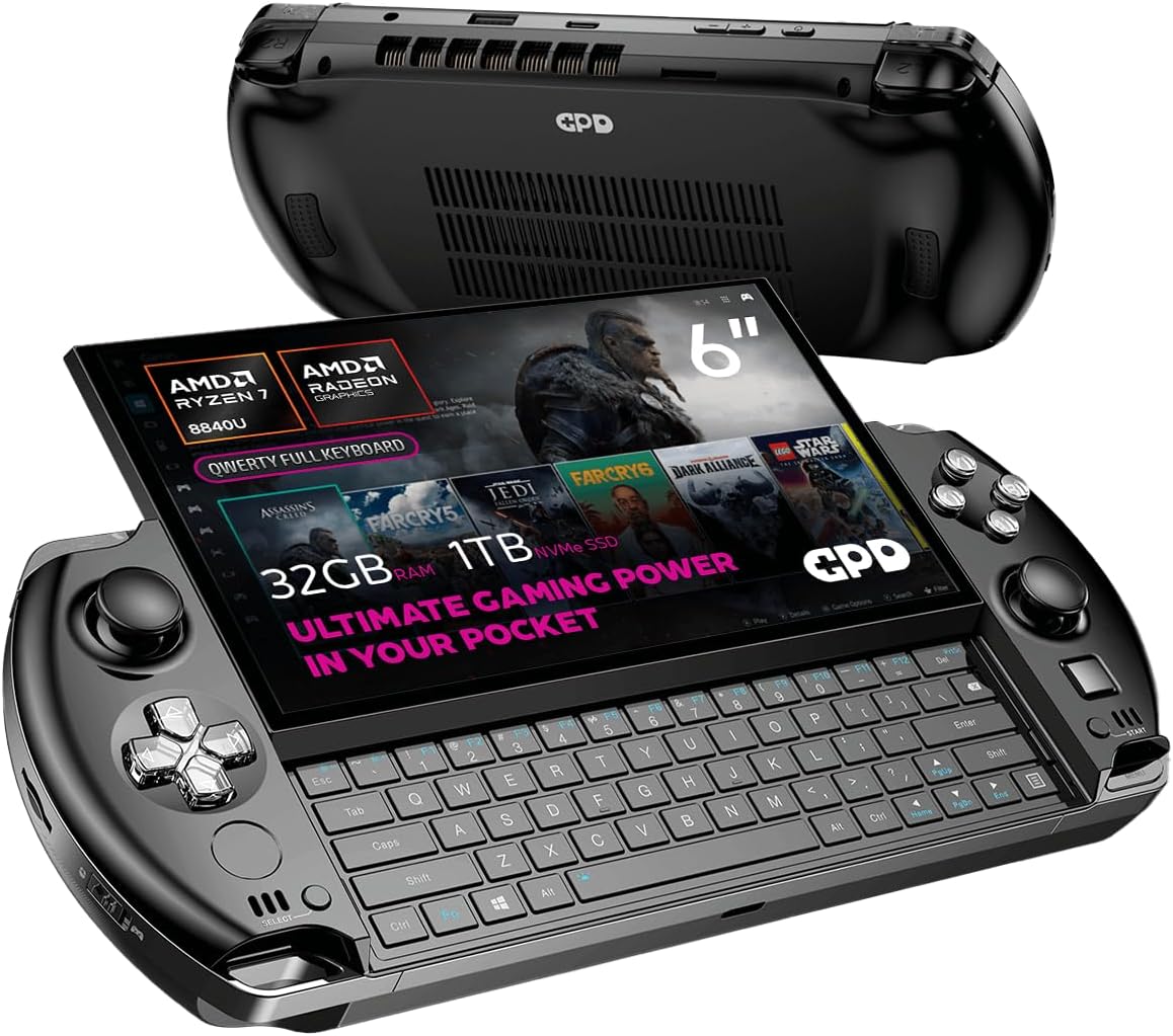 GPD WIN 4 2025 handheld gaming PC with AMD Ryzen 7 8840U, 8C/16T, 5.1GHz, Radeon 780M, 32GB LPDDR5X RAM, 1TB SSD, 6" 1080P display, OcuLink slide up backlit keyboard, portable gaming console