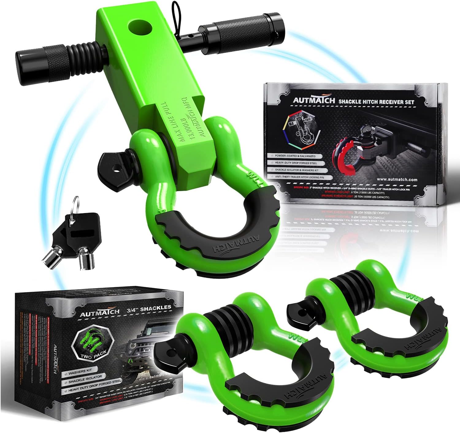 AUTMATCH Shackles 3/4" D Ring Shackle and Shackle Hitch Receiver 2 Inch with 5/8" Trailer Hitch Lock Pin, 45,000 Lbs Break Strength Heavy Duty Receiver Kit for Vehicle, Green