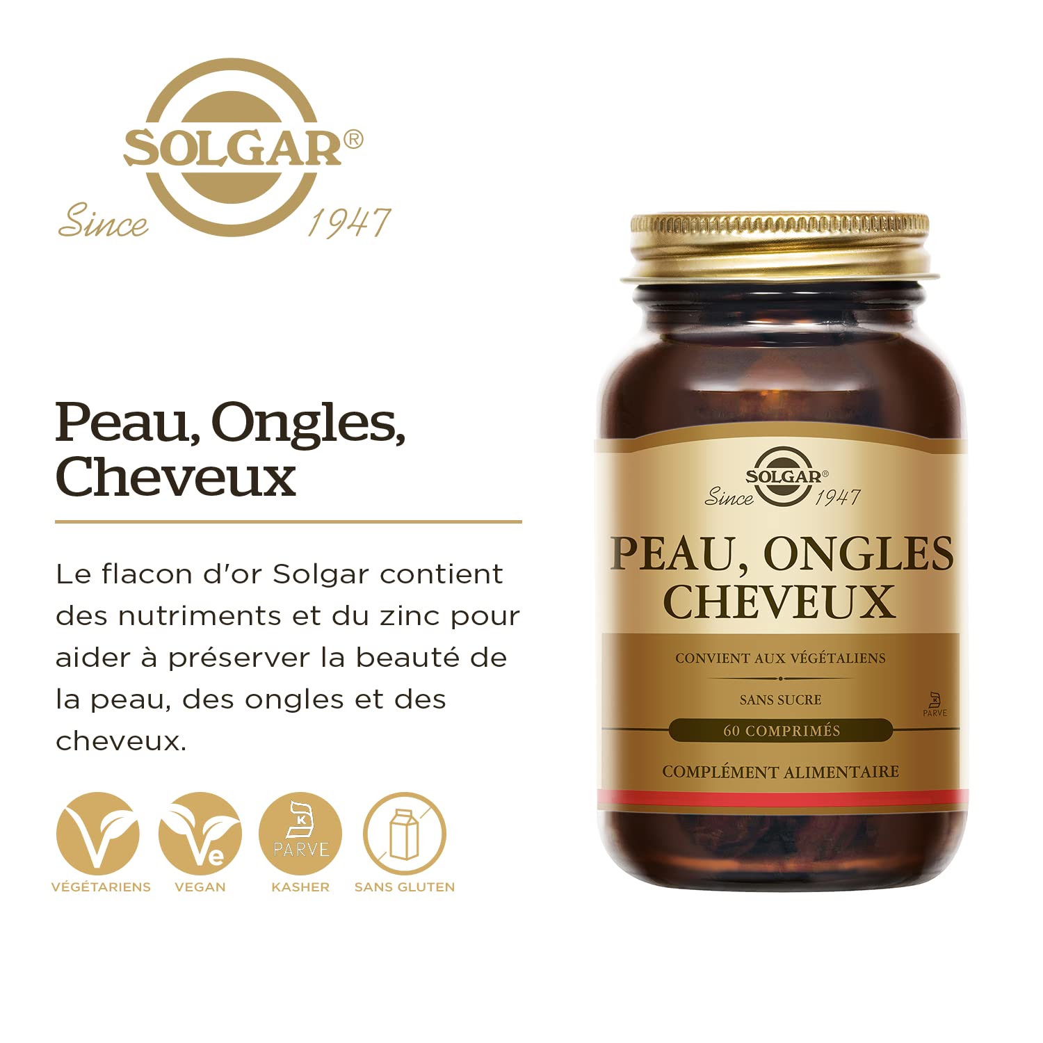 Solgar Peau, Ongles, Cheveux - Beauté - Nutriments essentiels : Zinc, Vitamine C, Acides Aminés, Cuivre - Forme Brevetée de MSM - Complément Alimentaire - Flacon de 60 comprimés
