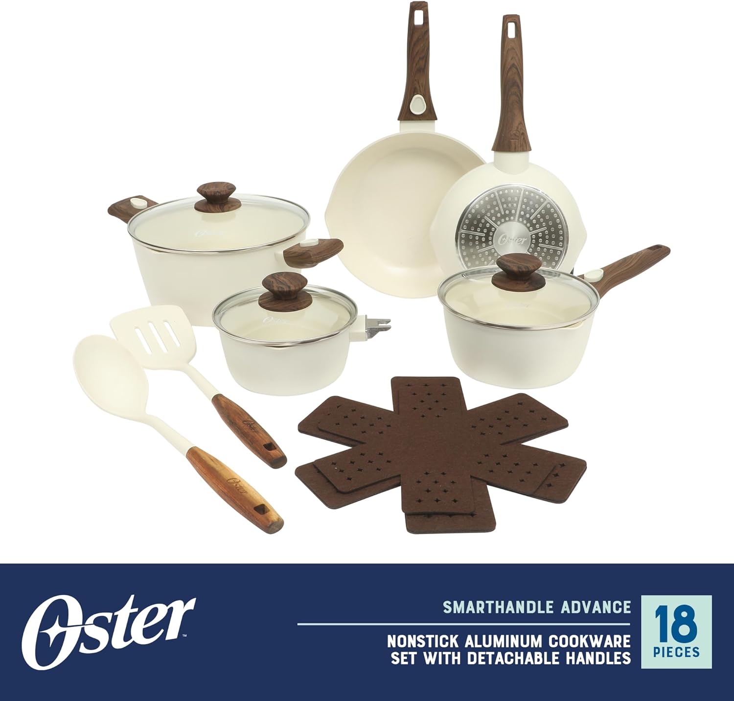 Oster SmartHandle Advance 18-Piece Ceramic Nonstick Cookware Set – Matte Linen Finish, Induction, Detachable Handles, Oven & Dishwasher Safe Pots Pans, w/Utensils & Pan Protectors