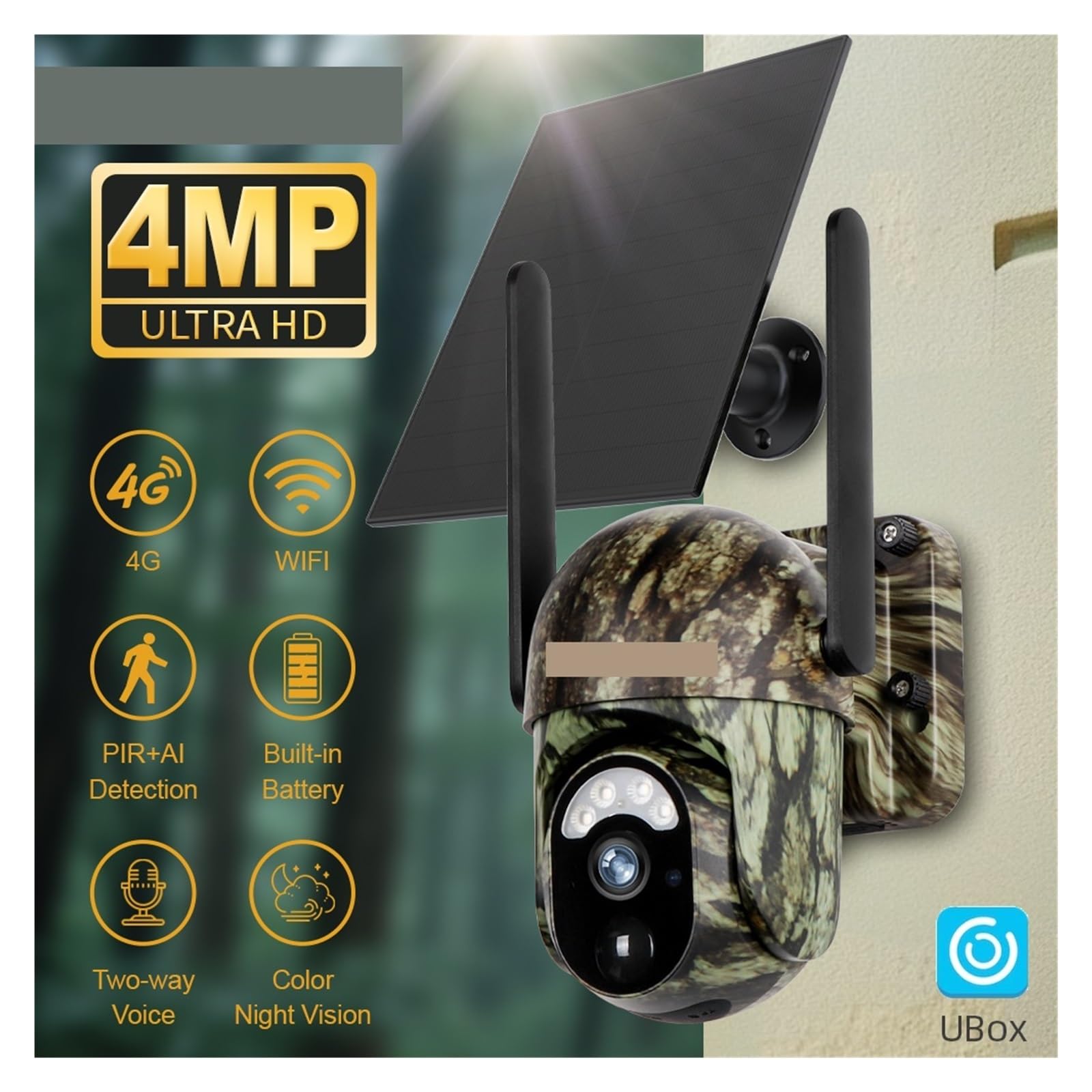 Cámara Vida Silvestre Cámara De Rastreo Solar 4MP 4G LTE PIR Detección Humana/Animal WiFi Visión Nocturna Seguridad Al Aire Libre IP66 Caza Bosque Monitoreo Confiable Preciso(4MP 4G No Card)