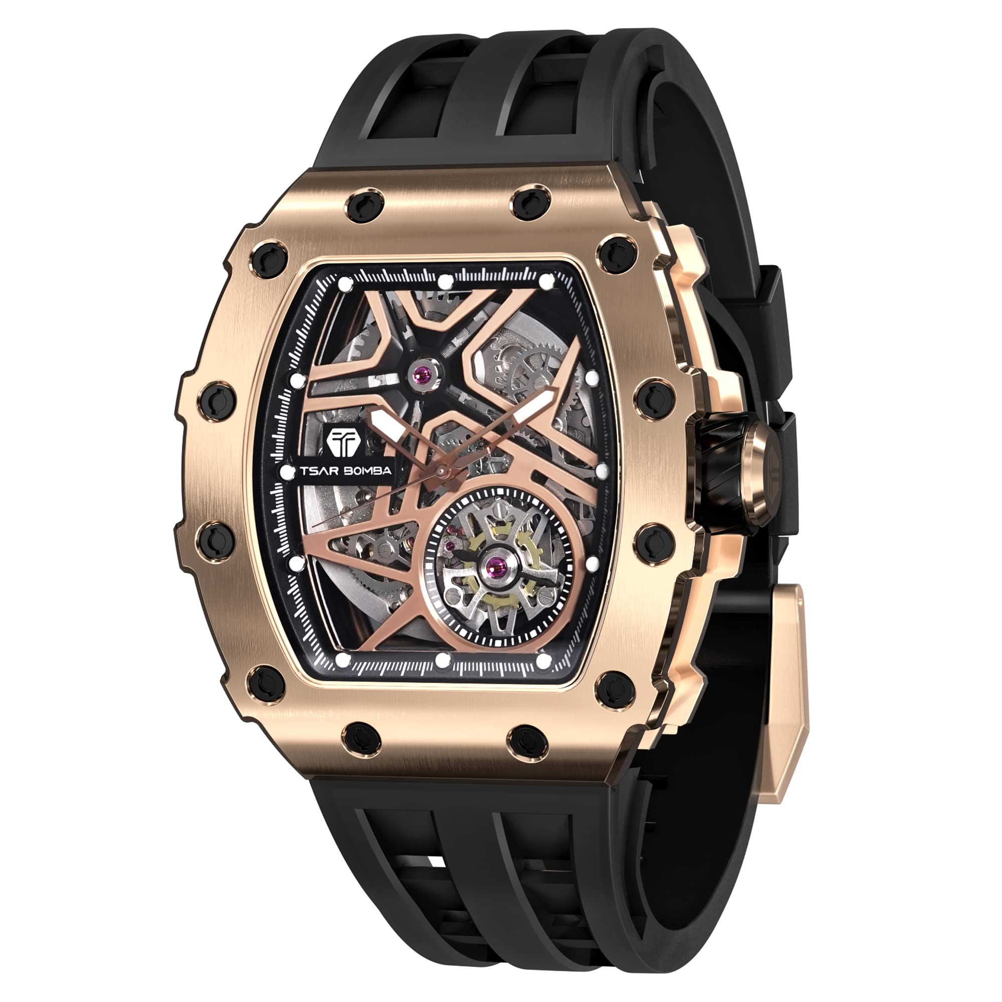 Men's Automatic Watch Tonneau Luxury Skeleton Watches for Men Mechanical 50M Waterproof Analogue Watches Mens Unique Cool Square Big Face Dial Wristwatch with Silicone Strap Band