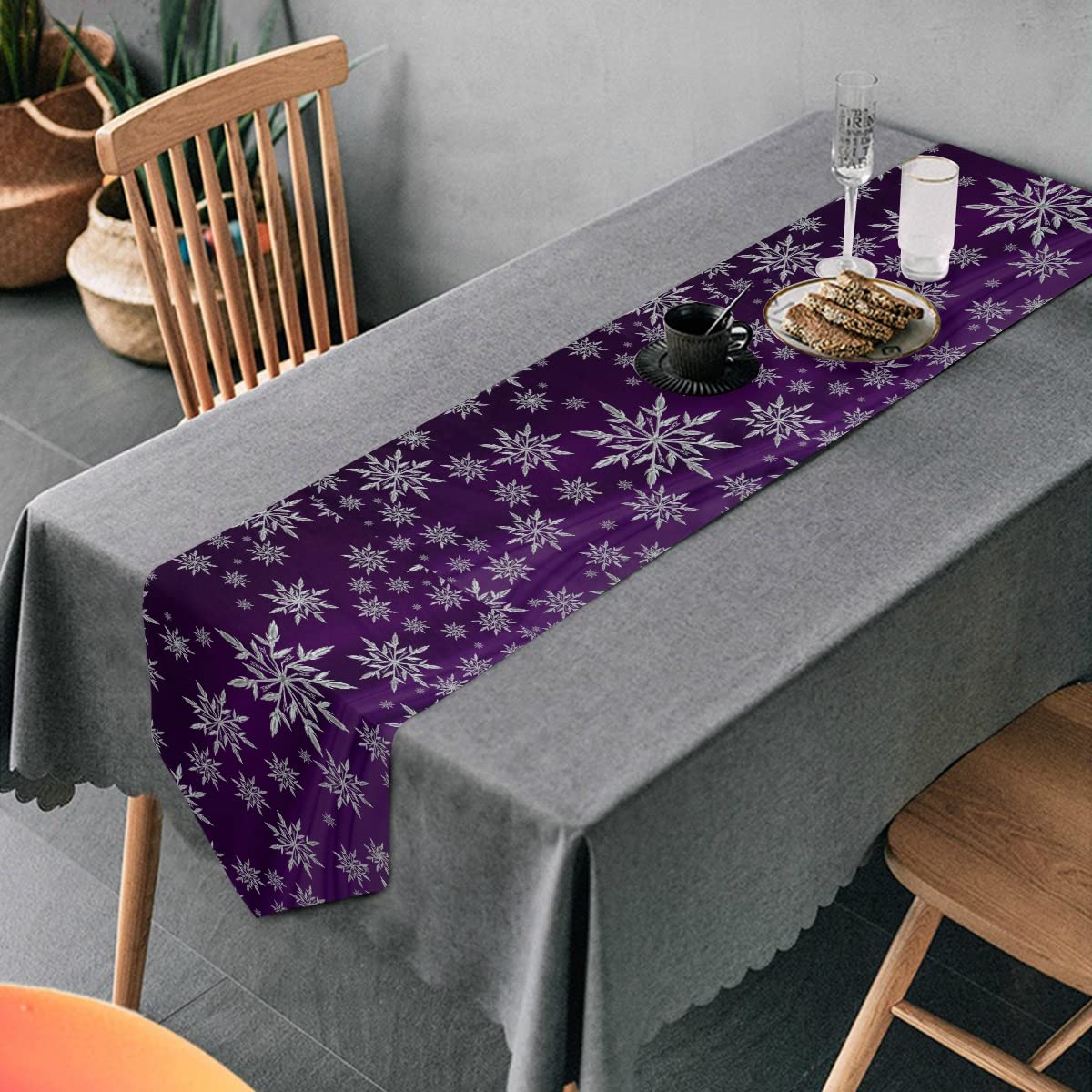 Aflyko Christmas Table Runner Snowflake Purple Xmas Holiday Kitchen Dining Table Setting Winter Traditional New Year Xmas Festive Home Decor 13