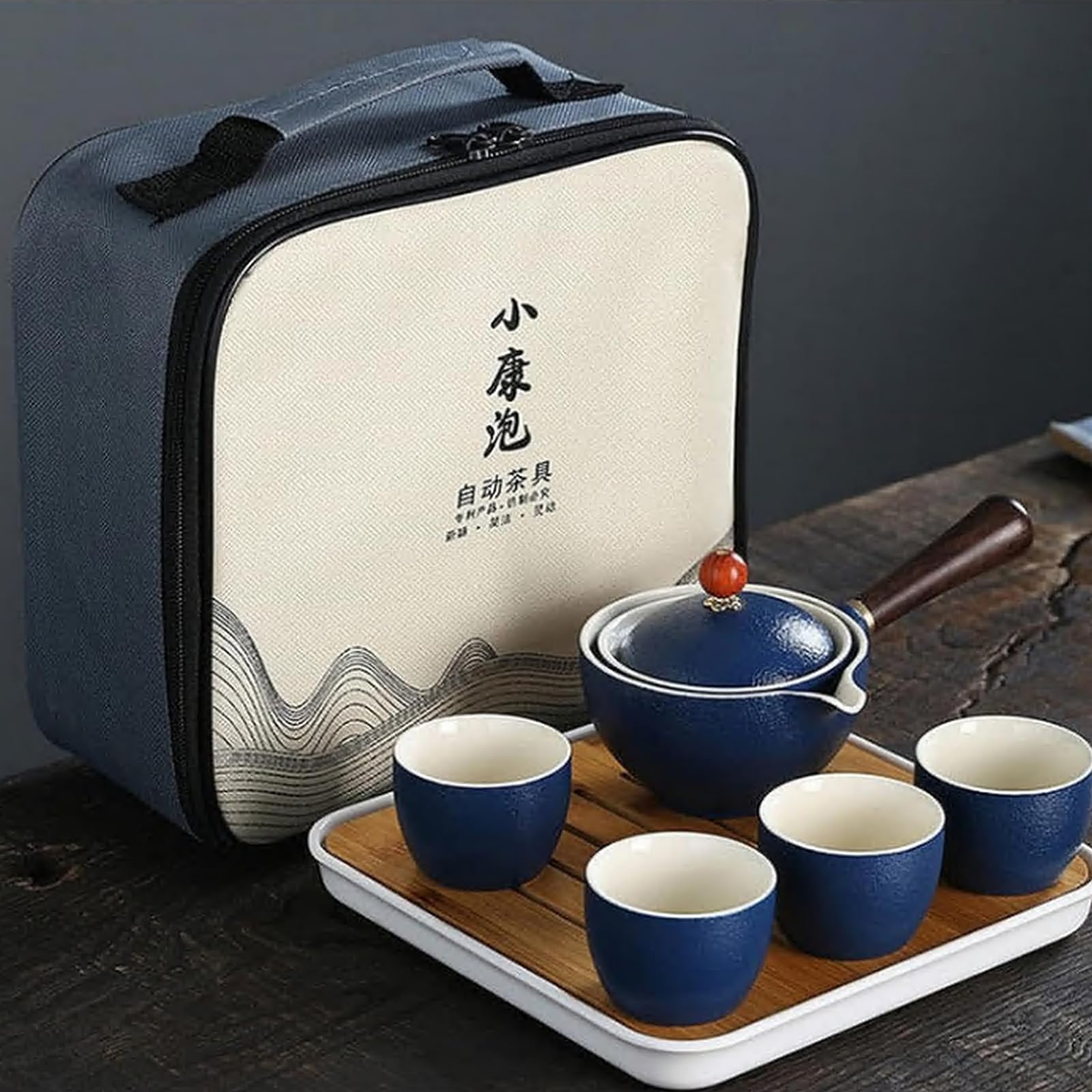 Scizorito Colour Ceramic Portable Travel Tea Set, Chinese Kungfu Tea Set With 360 Rotation Teapot And Infuser, 4 Tea Cups, Tea Tray And Travel Bag (Blue)