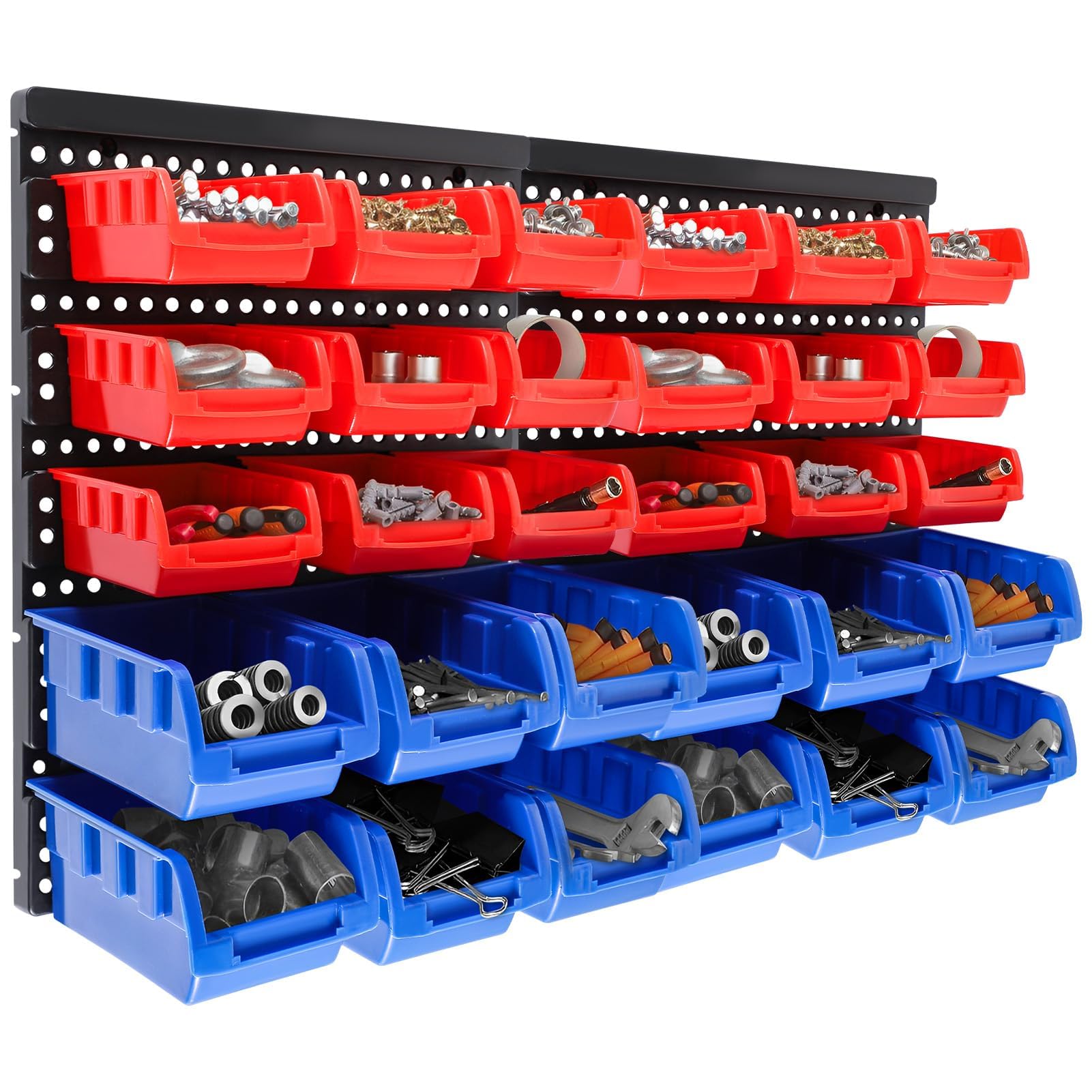 EVERGOODS 30Pcs Wall Mounted Storage Bins Backboard DIY Stackable Workshop Storage for Tools Hardwares Crafts 64 x 41cm Plastic Bin Panel Rack with Screws for Tool Shed Garage Workshop (Red+Blue)