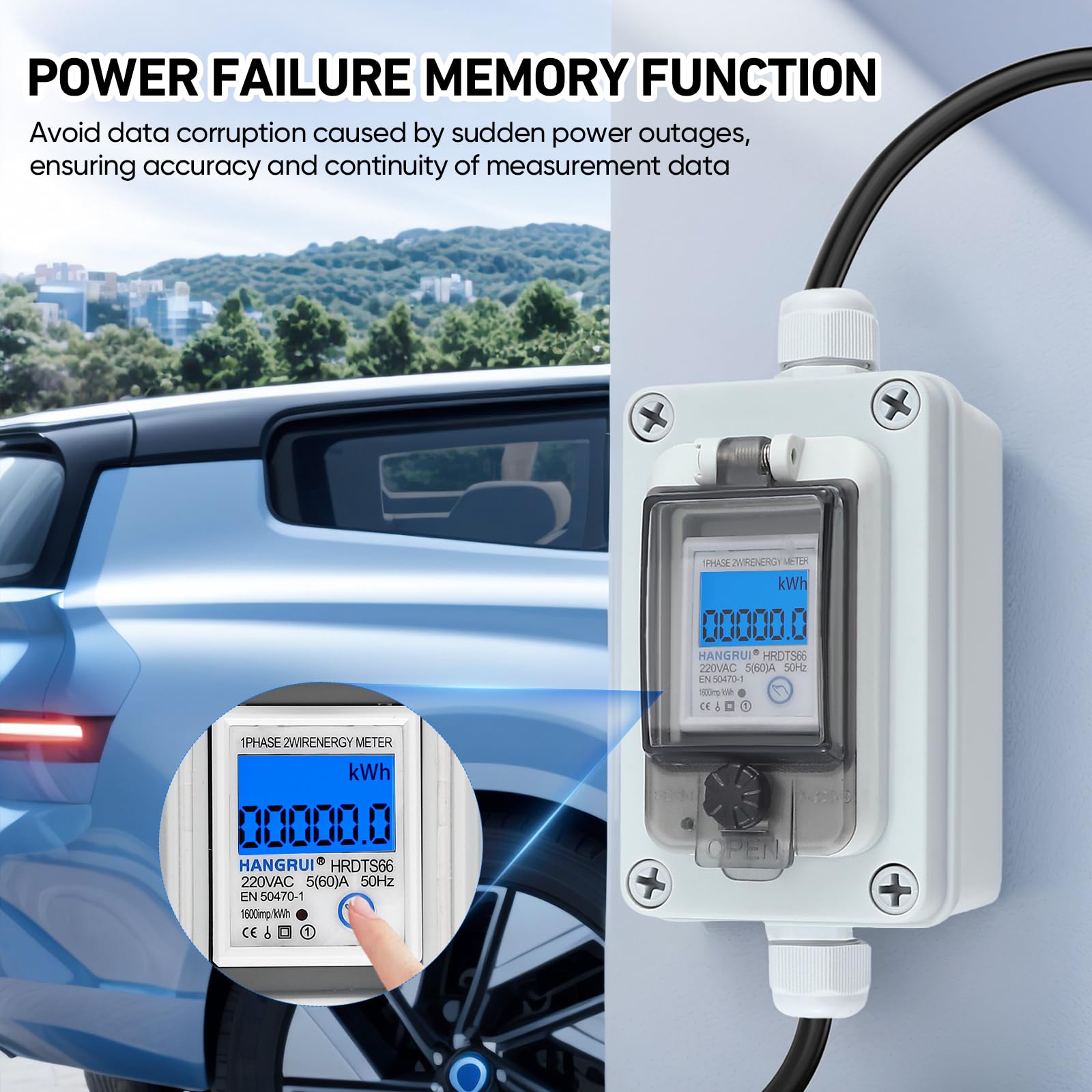 Compteur d‘Énergie Mobile IP67 Étanche, Prise CEE 16A, Surveillance de la Consommation en Temps Réel, Mémoire Anti-Coupure, pour Camping-Car, Van & Voiture Électrique, Câble Caoutchouc 3m