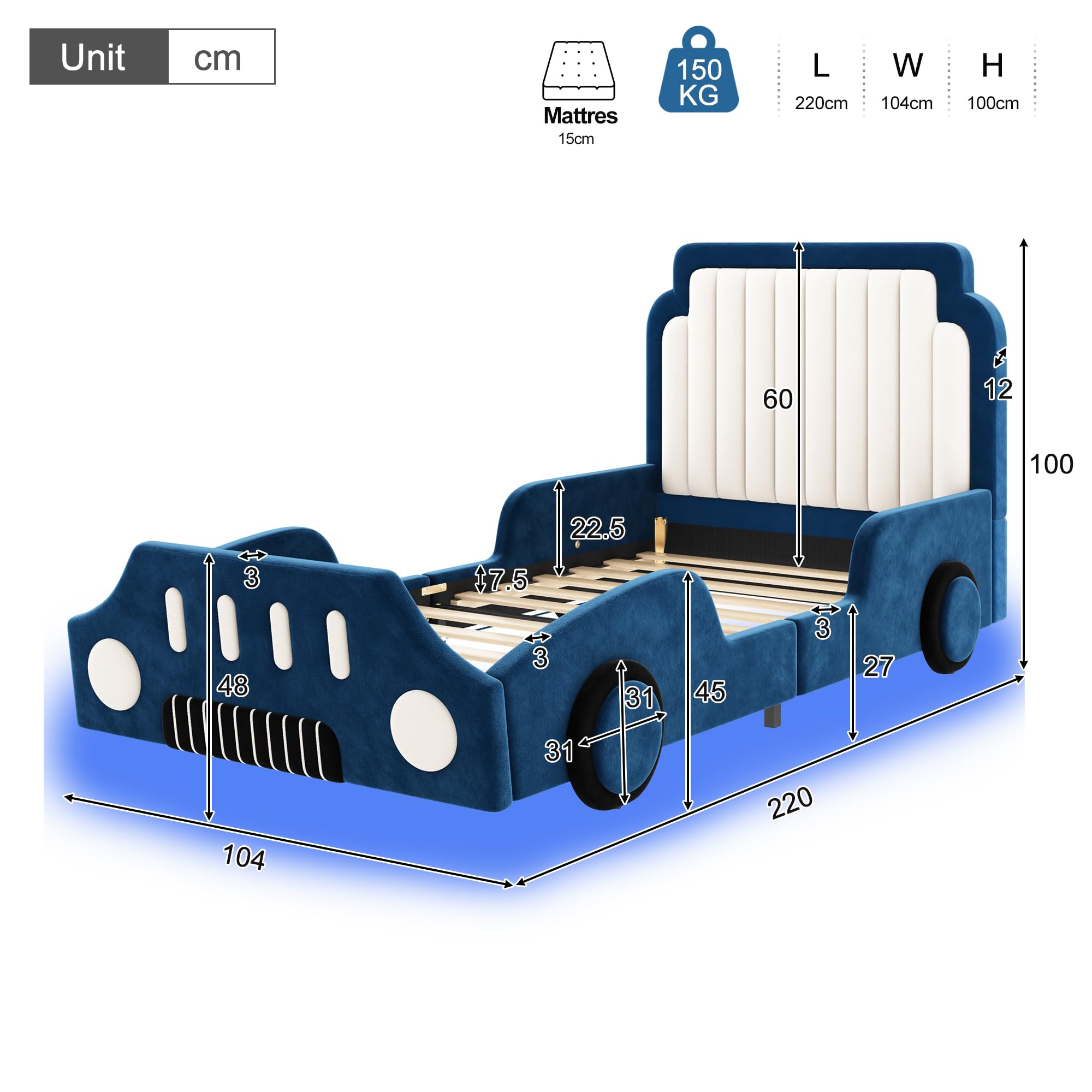 Polsterbett Einzelbett 90x200cm, Autoförmiges Design, Kinderbett mit LED und Schutzgeländer, Aufregendes Auto Kinderbett für kleine Rennfahrer, Kinder Spielbett mit Lattenrost, Samt (Blau-1, 90x200CM)