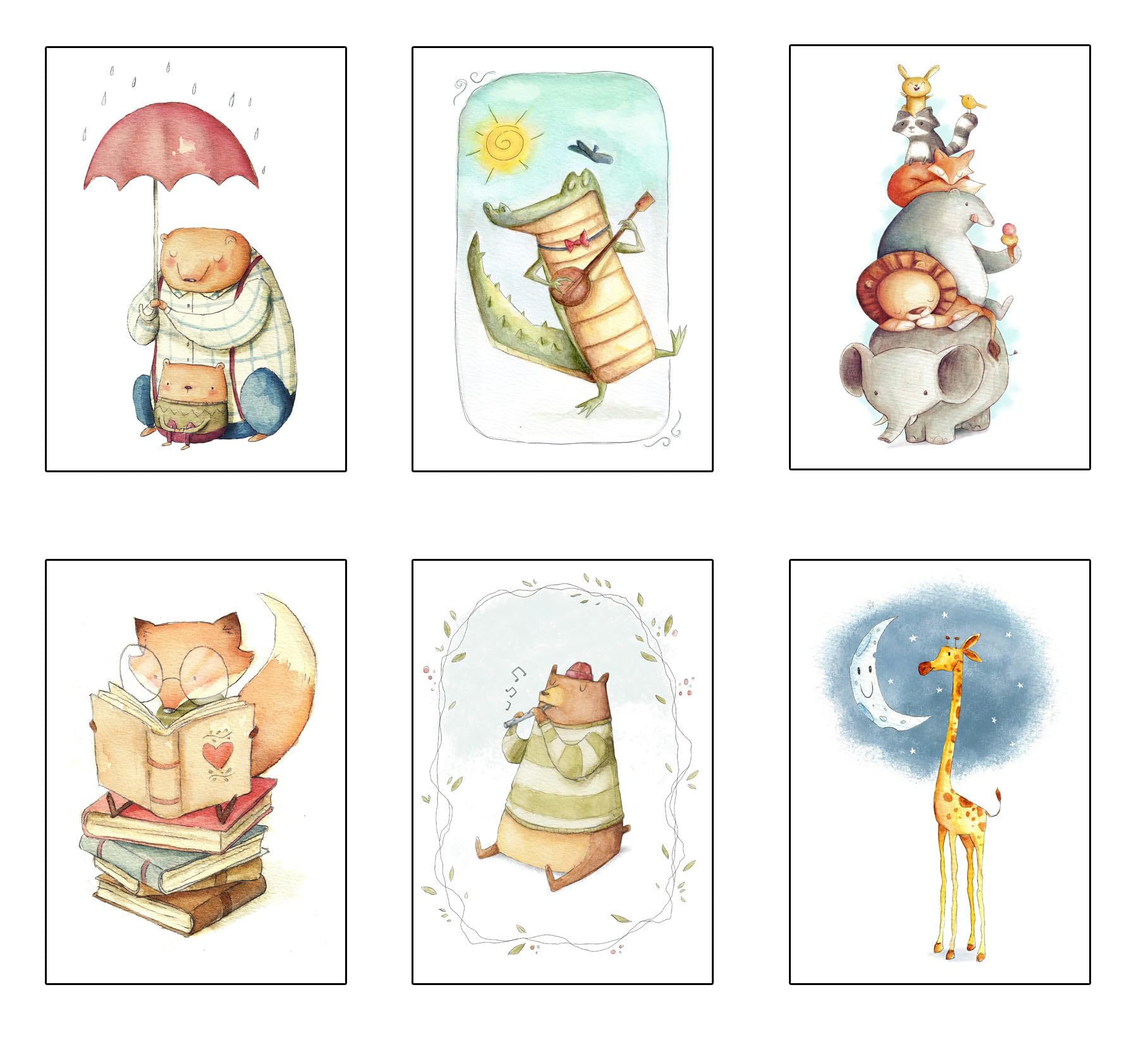 Set 6 cuadros base madera, Decoración Salón Modernos, Dormitorios, Habitación, Infantil, Dibujos, Animales, Peluches con colgadores metálicos, (38 x 29 cm cada cuadro)