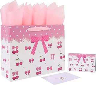 13'' Large Red Bow Gift Bag Set with Handles, Greeting Card, Pink Tissue Papers and Stickers for Women Girls for Birthday, Wedding, Bridal Shower, Baby Shower, Red Bow Design, 1 Pcs
