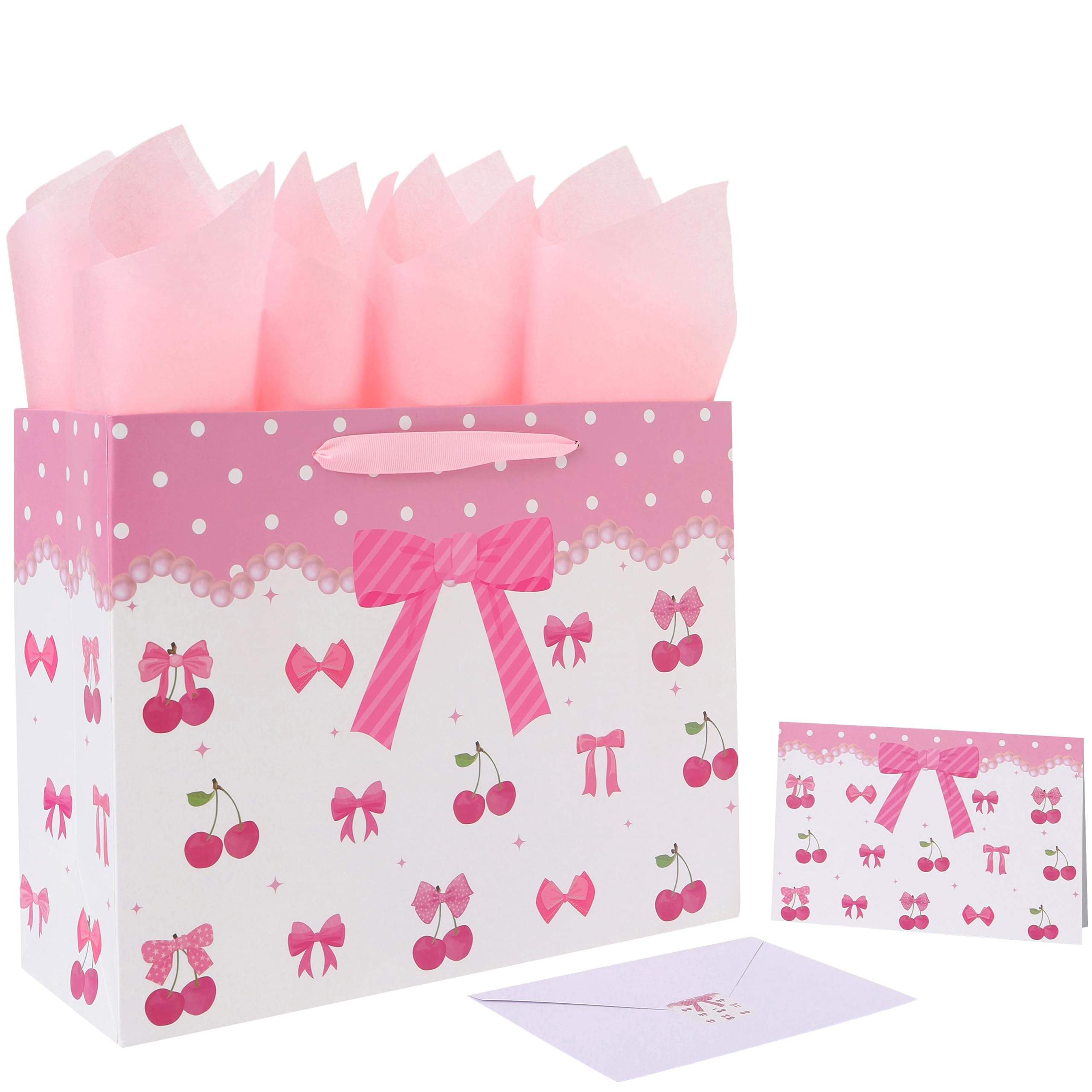 13'' Large Red Bow Gift Bag Set with Handles, Greeting Card, Pink Tissue Papers and Stickers for Women Girls for Birthday, Wedding, Bridal Shower, Baby Shower, Red Bow Design, 1 Pcs