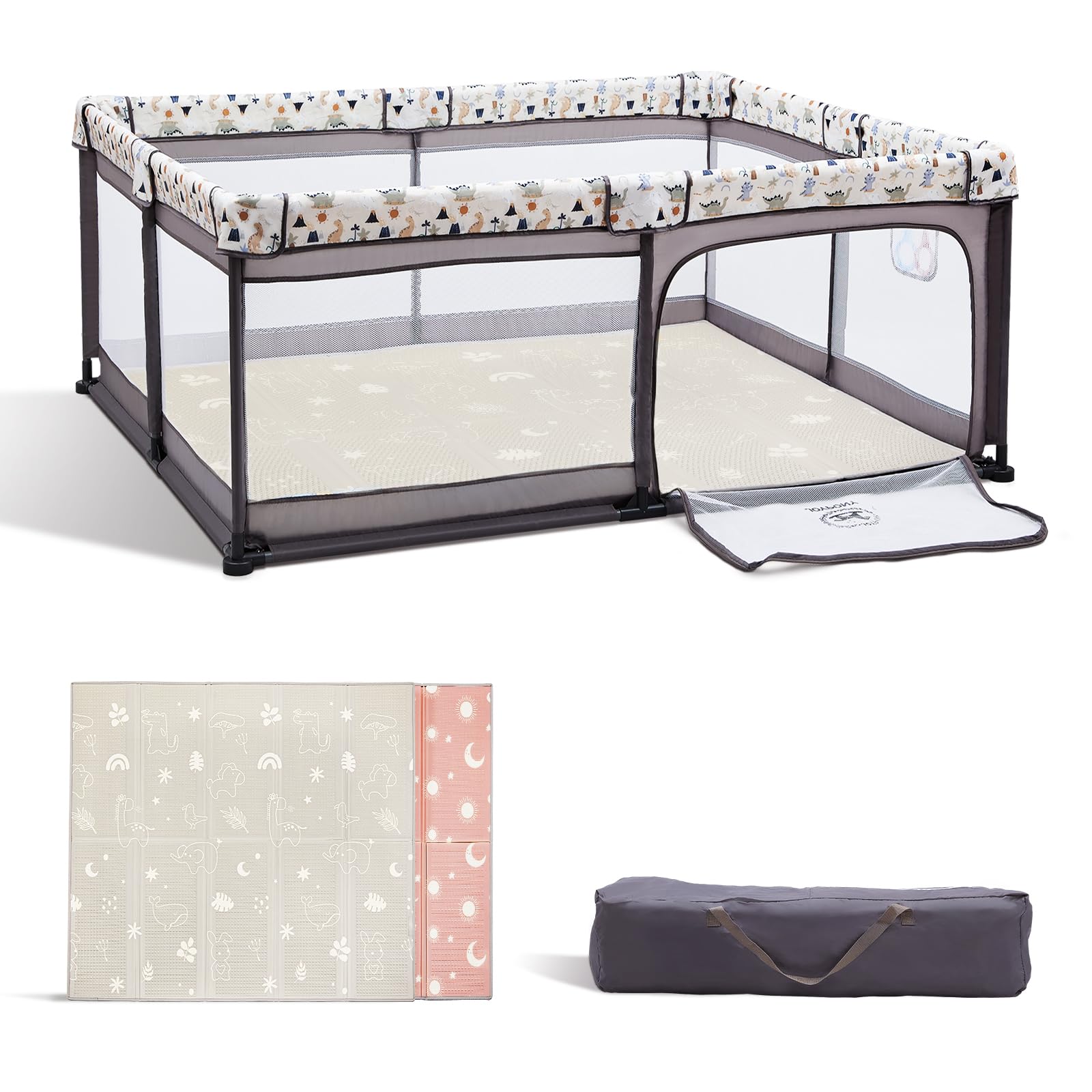 Jonpony 4 in 1 Baby Playpen with a Mat, 50"x50" Large Playpen for Babies and Toddlers with Soft Visiable Mesh,Baby Play Pens, Indoor & Outdoor Kids Activity Center,Baby Play Yard for Toddler with Gate